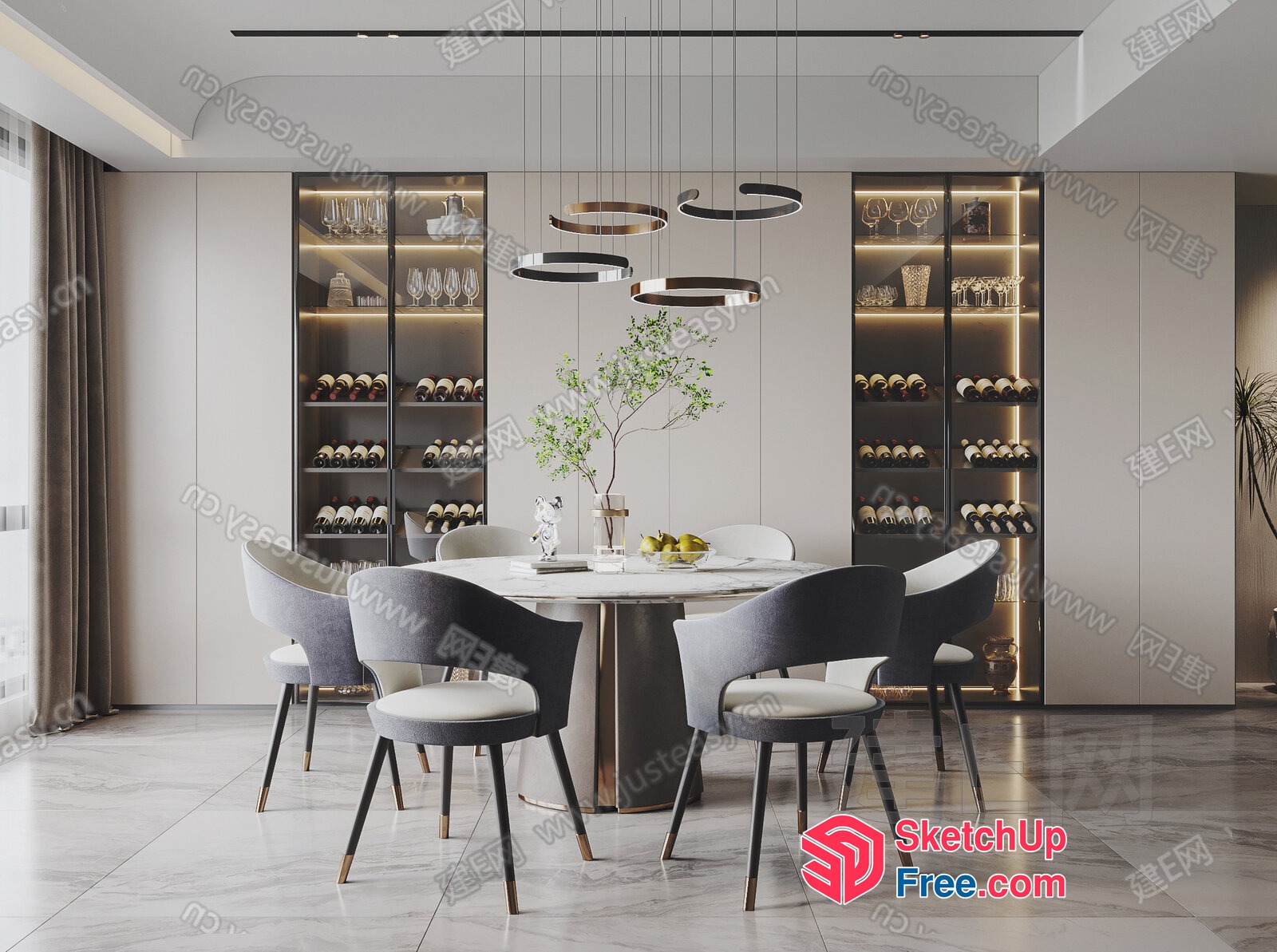 Modern Dining Room With Sleek White Marble Table And Gray Chairs 3D SketchUp File