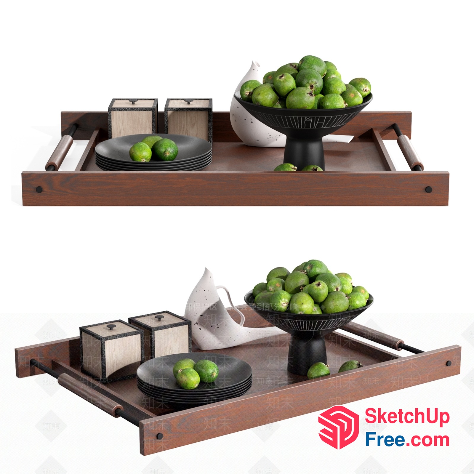 Wooden Tray With Black Bowl And Green Apples 3D SketchUp File