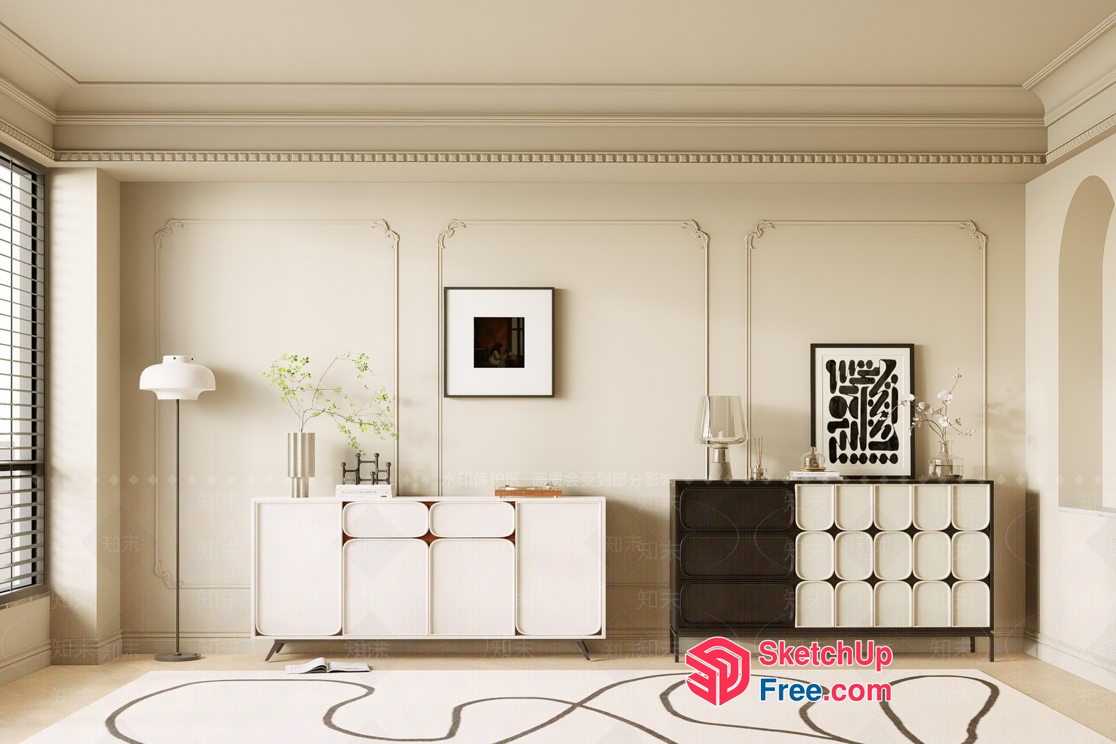 Elegant Creamy Style Interior With Classic Moulding And Furniture 3D SketchUp File