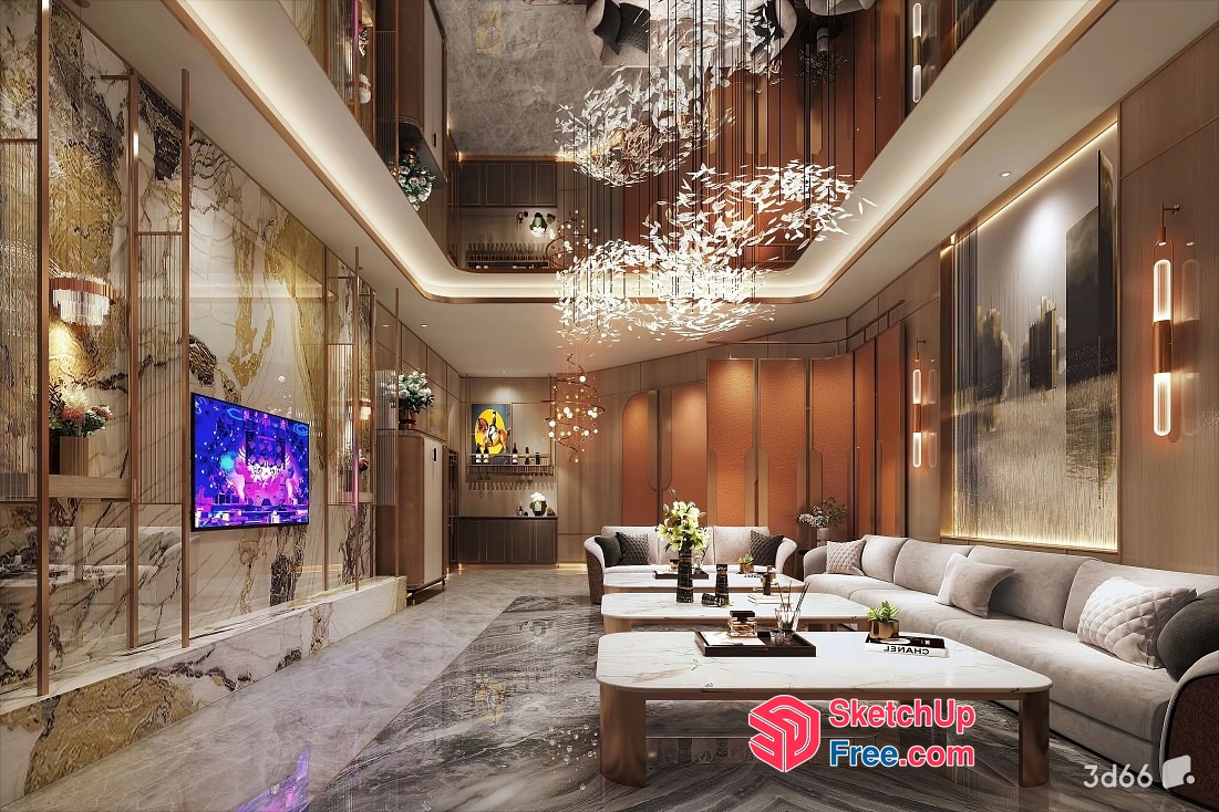 Elegant Modern Living Room With High Ceiling And Marble Decor 3D SketchUp File
