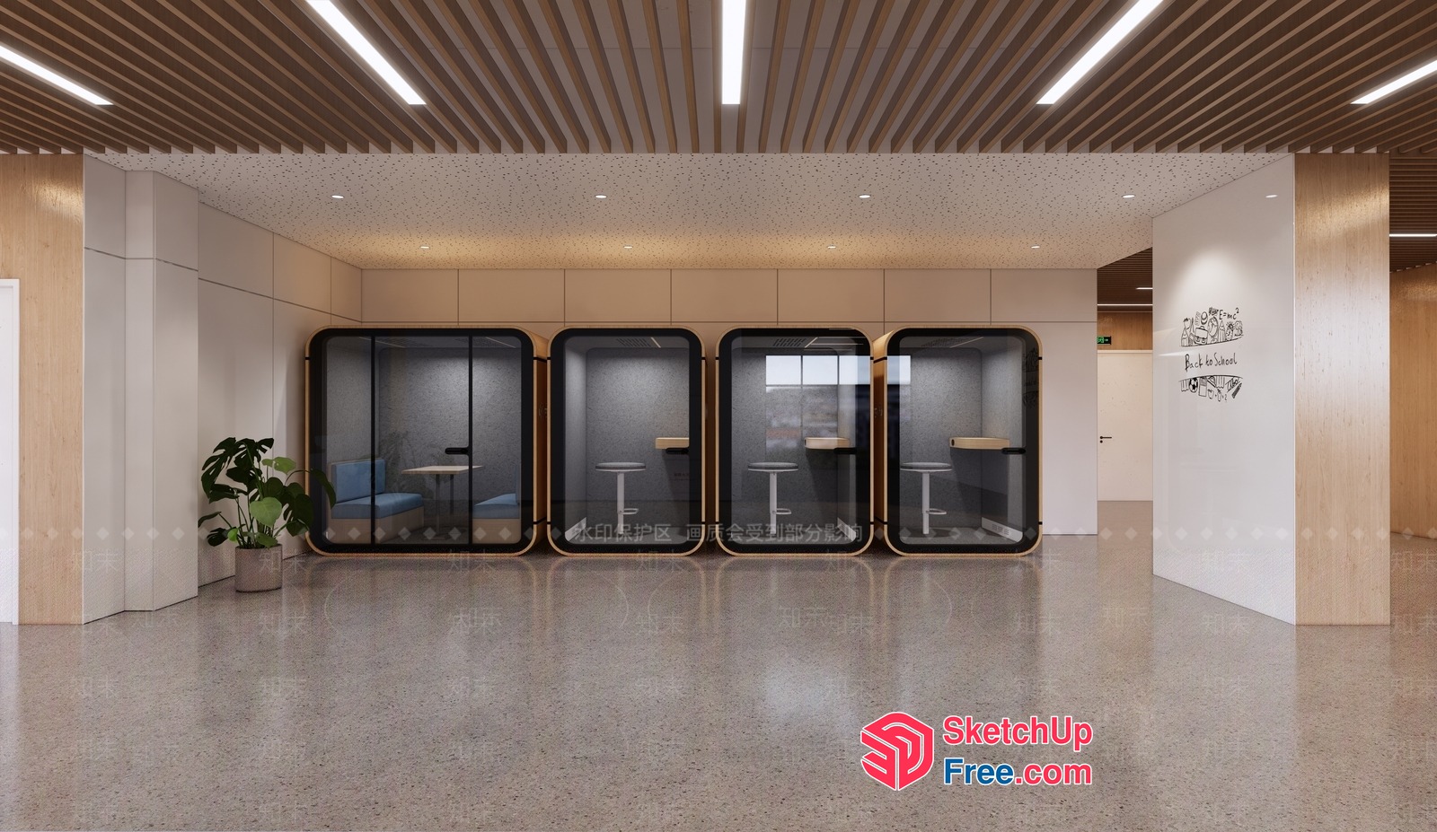 Modern Office Space With Glass Enclosed Meeting Rooms 3D SketchUp File