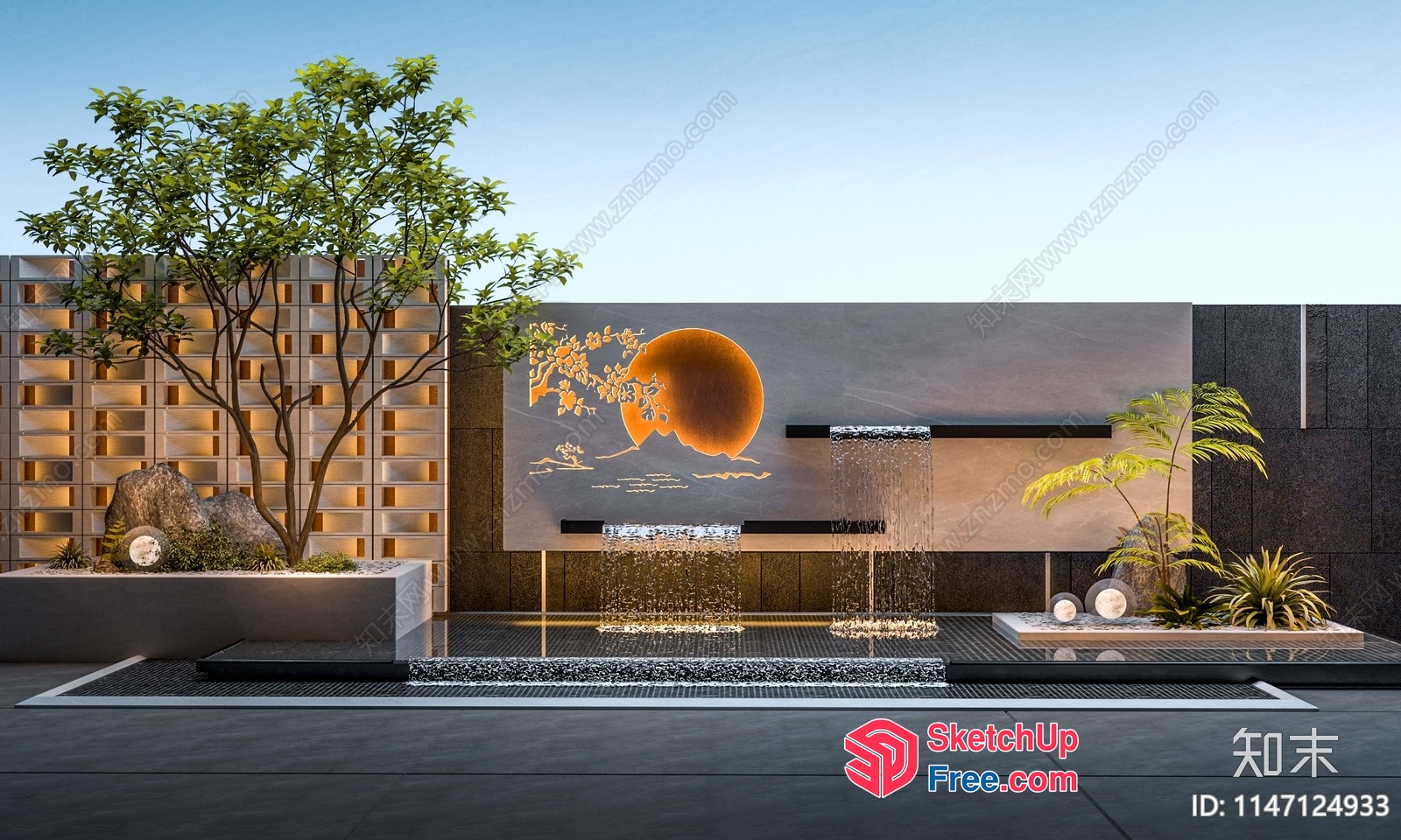 Japanese-Style Waterfall Fountain With A Moon And Tree Design 3D SketchUp File