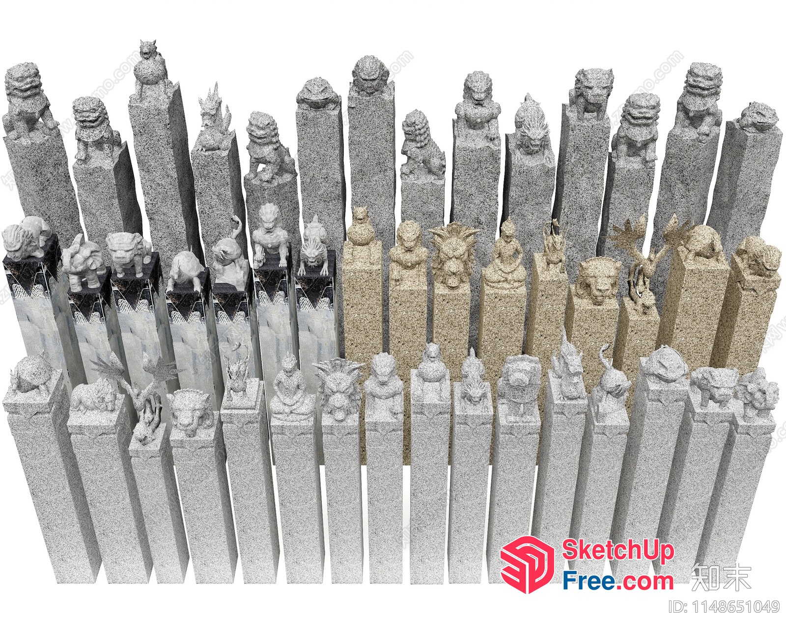 Asian-Inspired Pillars With Ornate Statues 3D SketchUp File