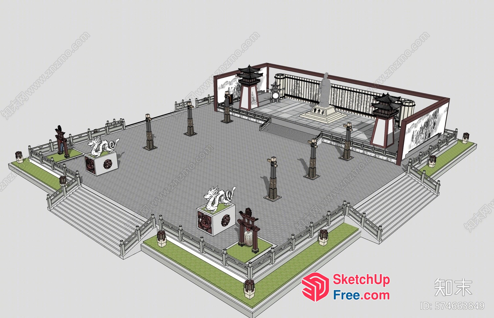 Traditional Chinese Temple Exterior With Dragon Statues 3D SketchUp File