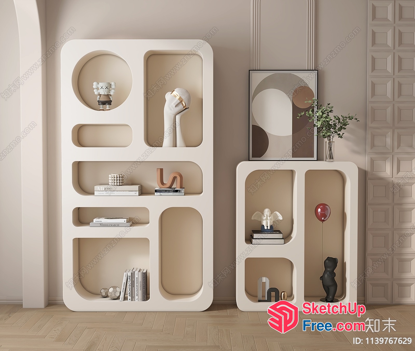Modern Creamy Style Bookcase And Shelving Unit 3D SketchUp File