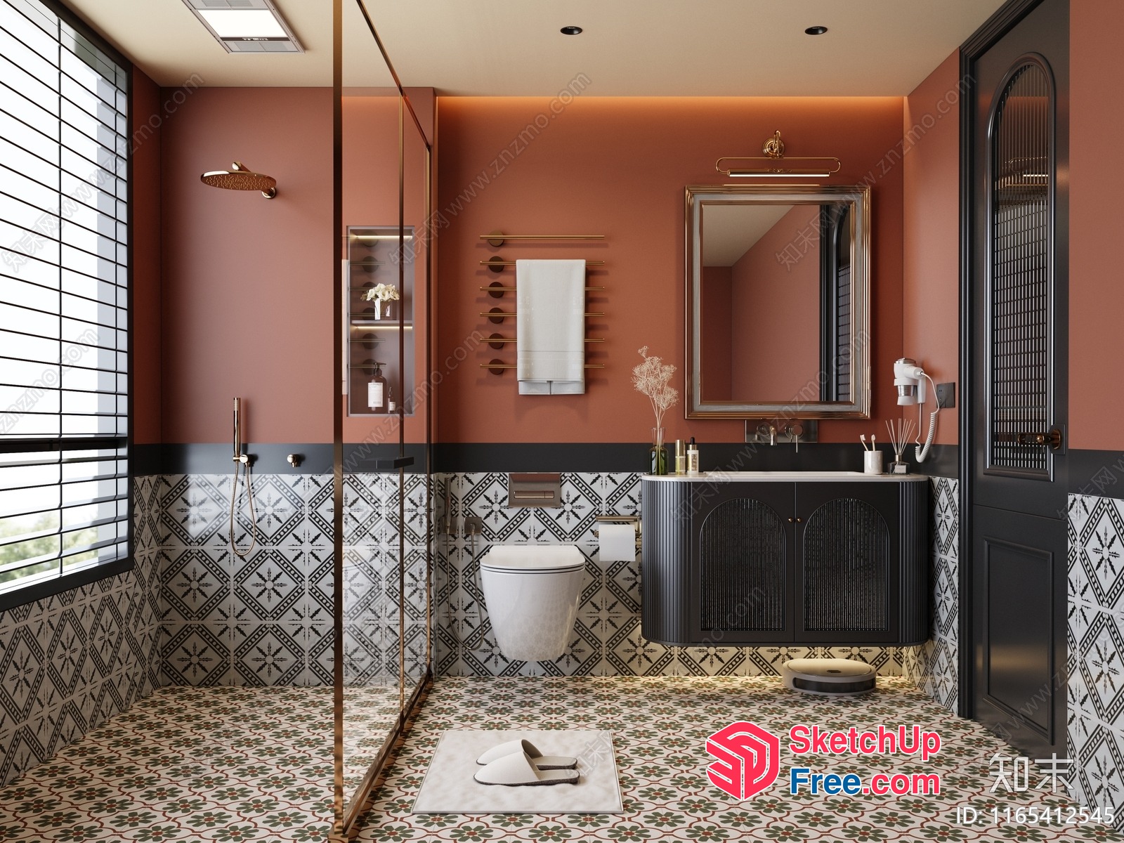 Modern Bathroom With Patterned Floor And Ceiling Lights 3D SketchUp File