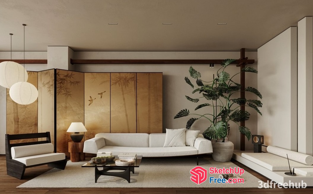 Japanese Style Living Room With White Sofa And Plant 3D SketchUp File