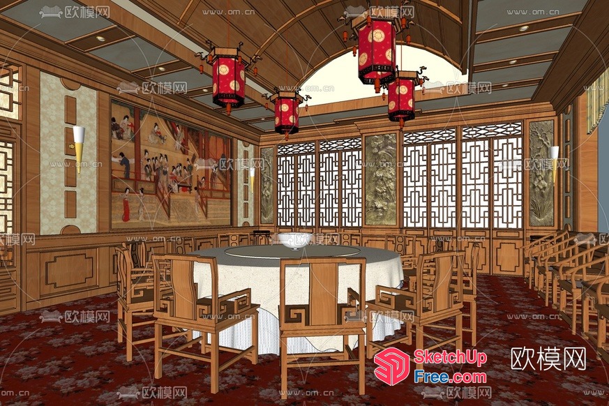 Asian-Inspired Dining Room With Traditional Decor 3D SketchUp File