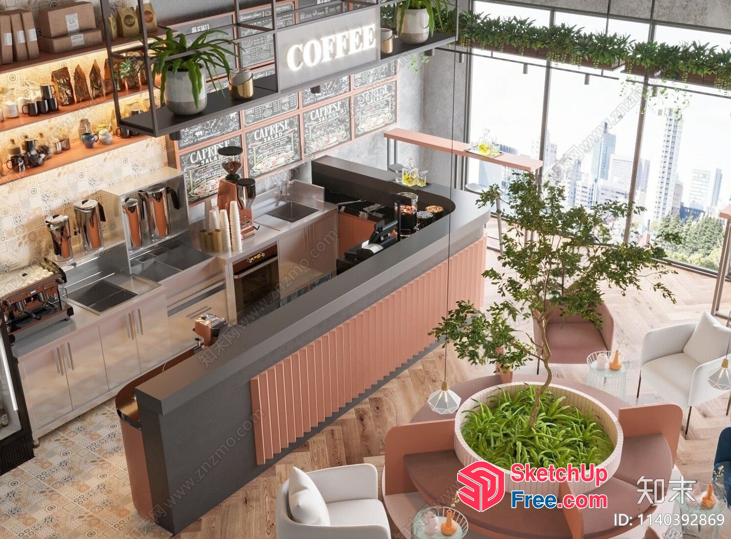 Modern Coffee Shop Interior With Urban City View 3D SketchUp File