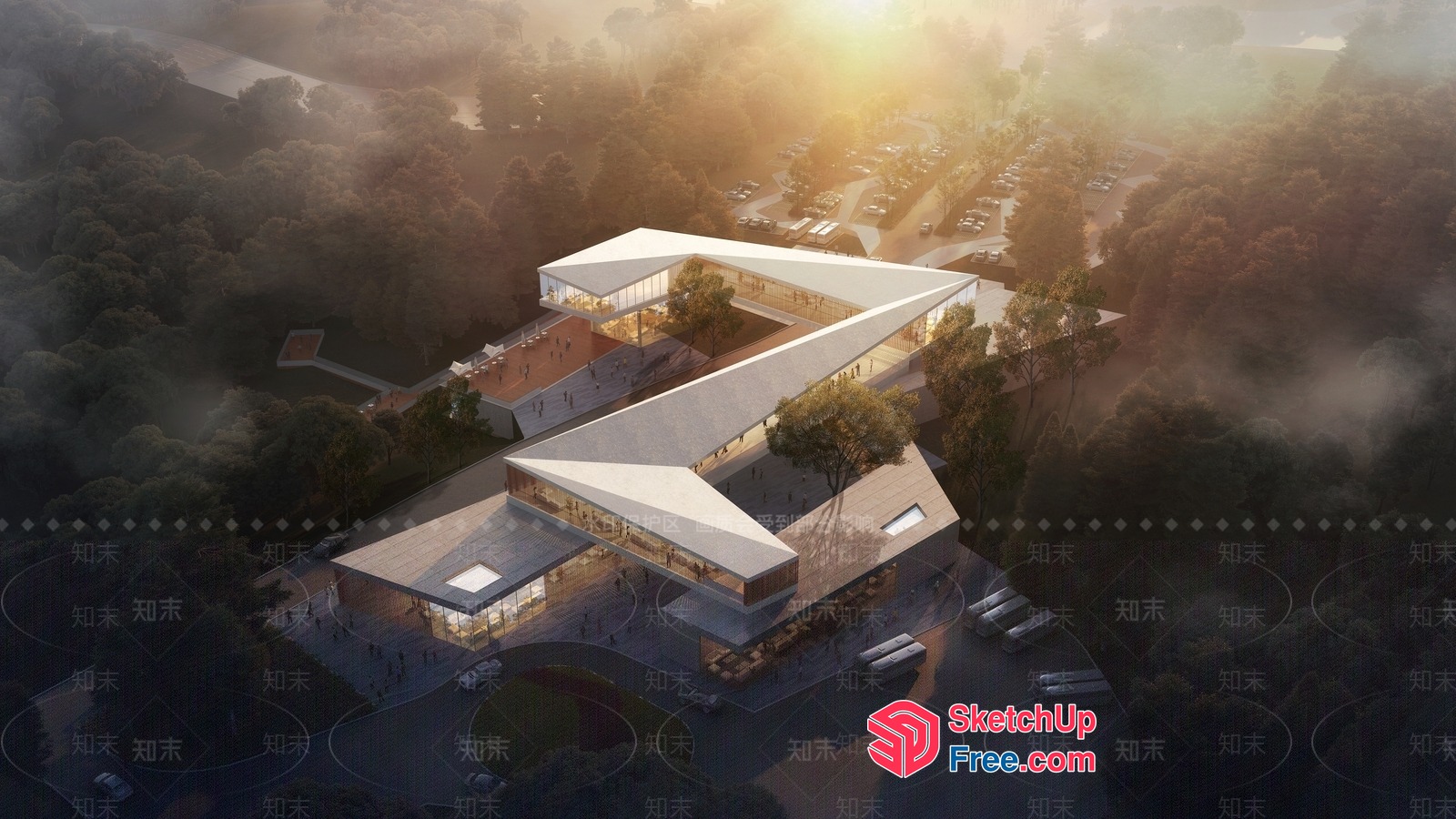 Futuristic Modern Building With Glass Curtain Wall And Rooftop Garden 3D SketchUp File
