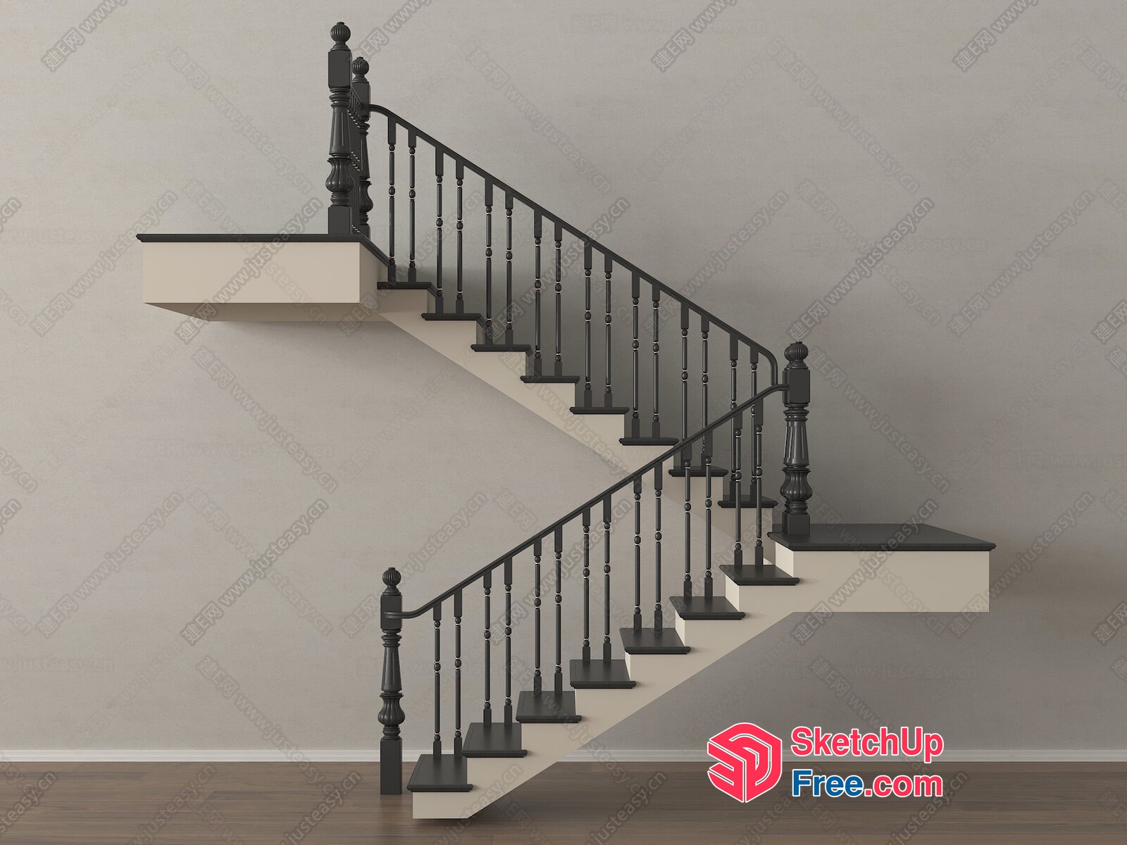 Elegant Staircase With Black Railings And White Steps 3D SketchUp File