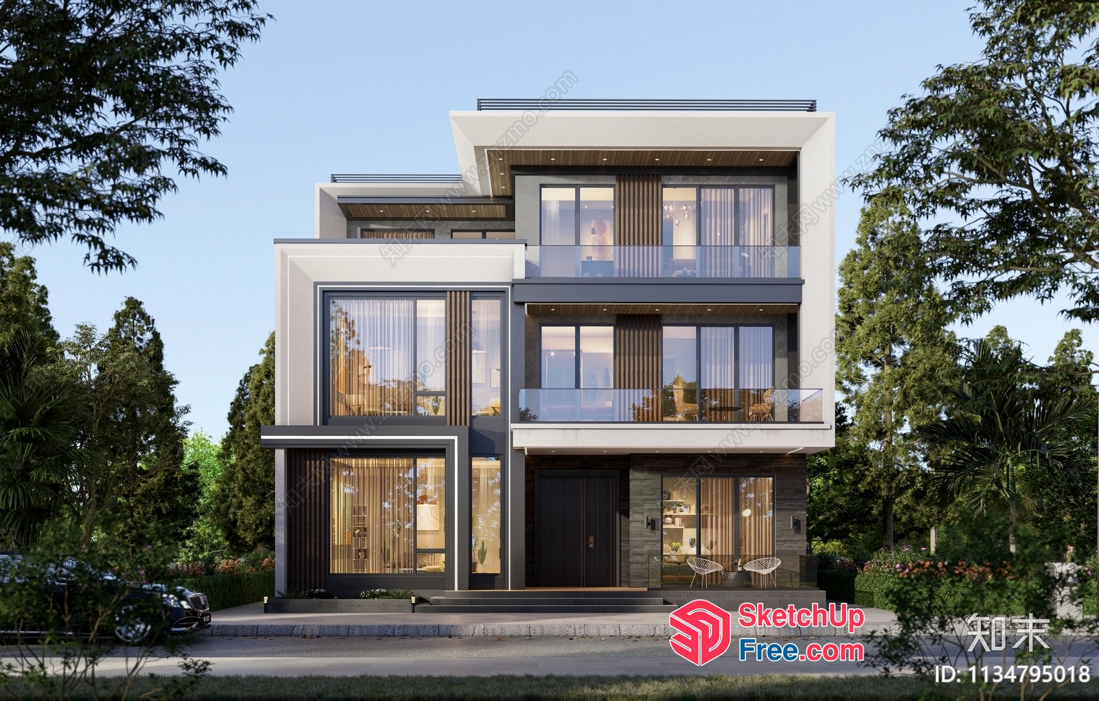 Modern 3-Story House With Balcony And Stairs 3D SketchUp File