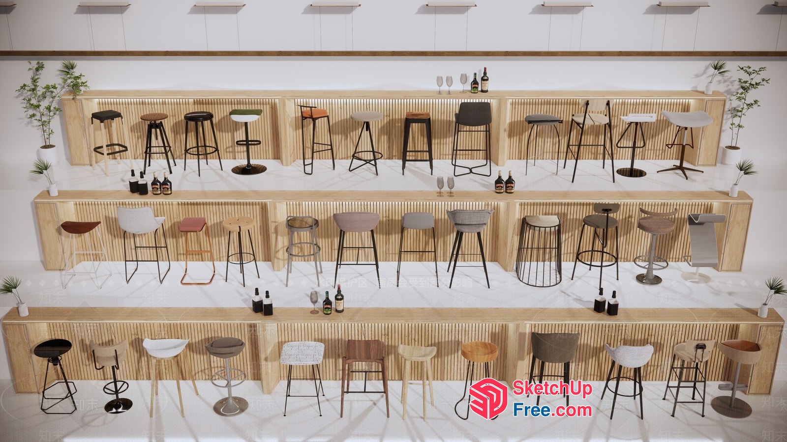 Modern Bar Stools And Chairs In A Stylish Bar Setting 3D SketchUp File