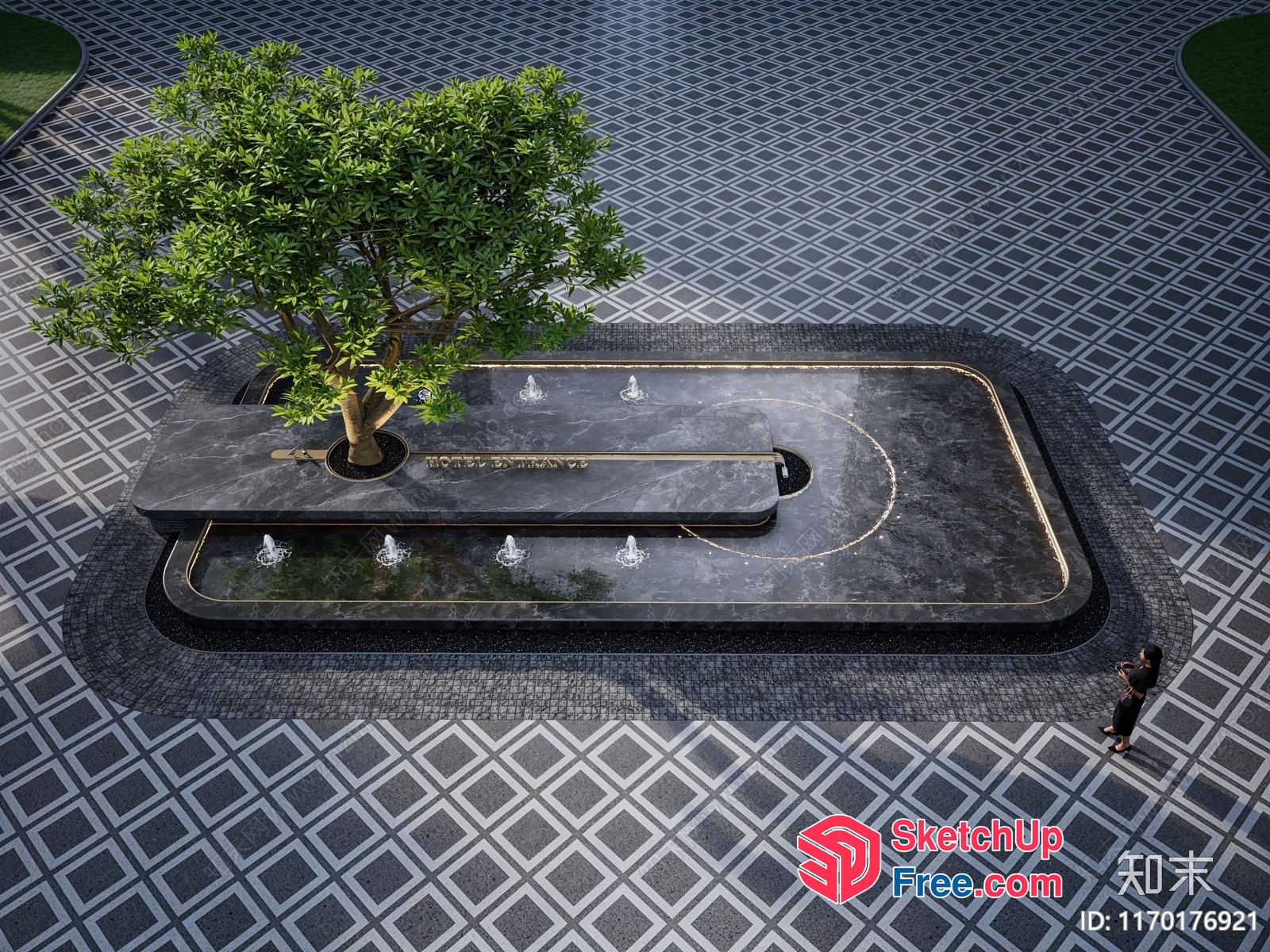 Elegant Black And White Patterned Floor And Decorative Fountain 3D SketchUp File
