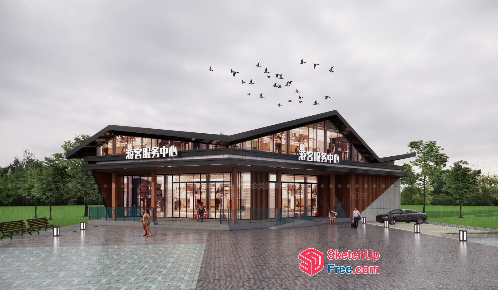 Modern Commercial Building With Glass Curtain Wall 3D SketchUp File
