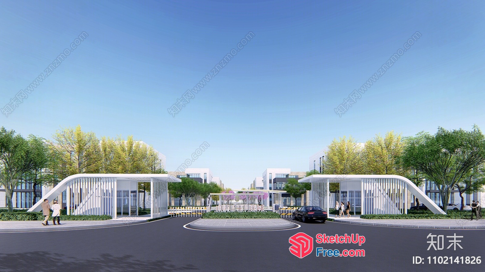 Modern Entrance With White Arches And Greenery 3D SketchUp File