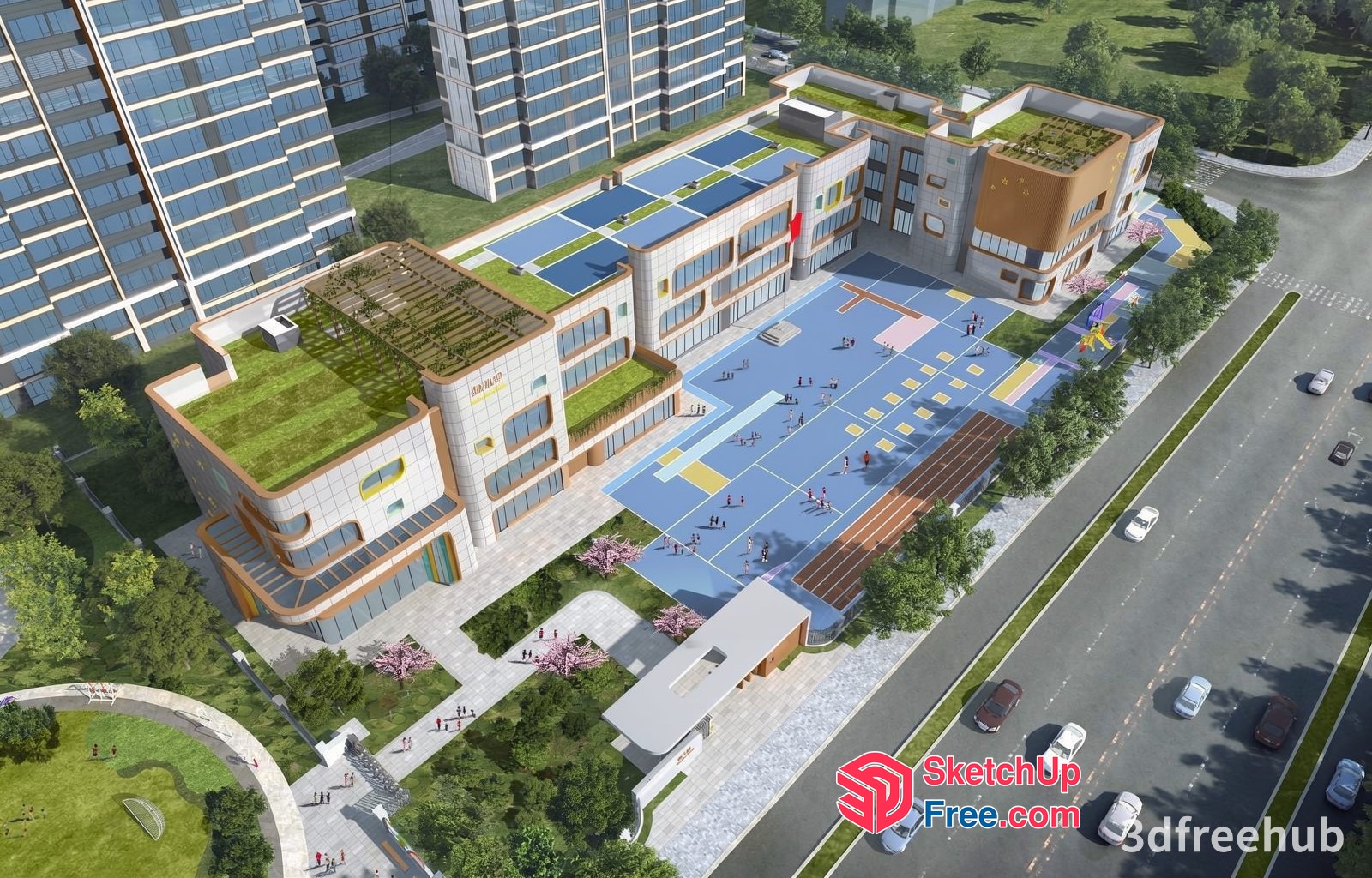 Modern Urban School Building With Sports Facilities 3D SketchUp File