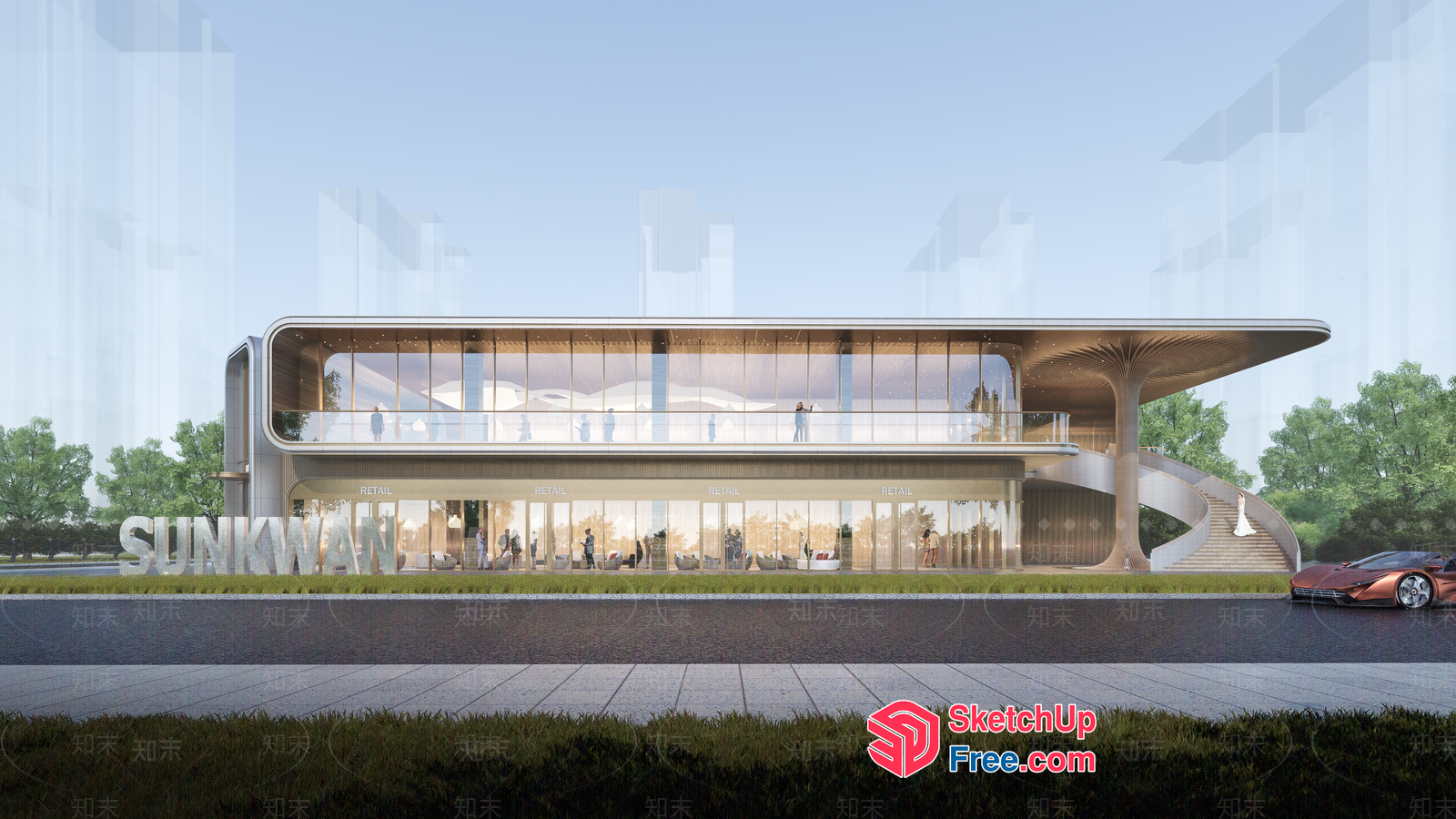 Futuristic Retail Space With Glass Curtain Wall 3D SketchUp File