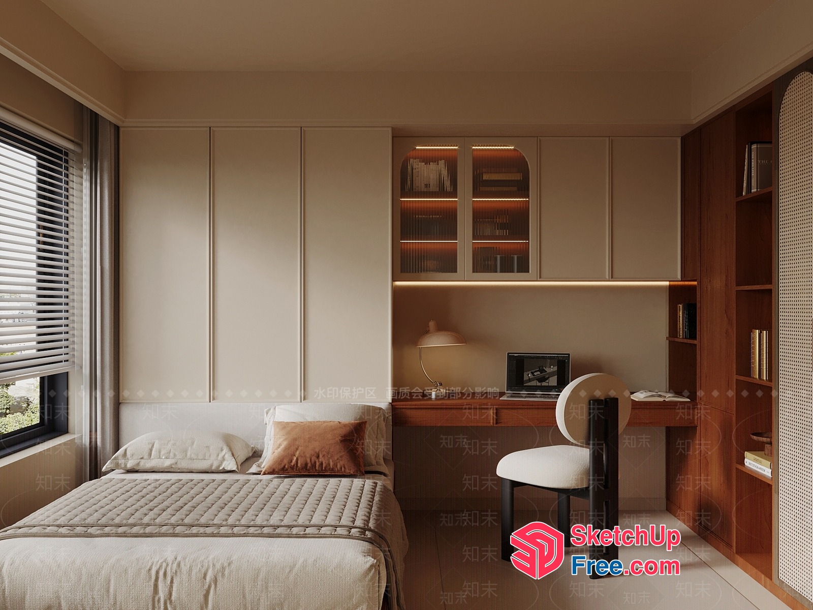 Modern Minimalist Bedroom With Built-In Bookshelf And Desk 3D SketchUp File