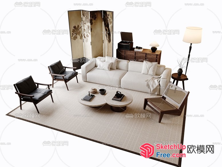 Modern Japanese-Inspired Living Room With Creamy Style Furniture 3D SketchUp File