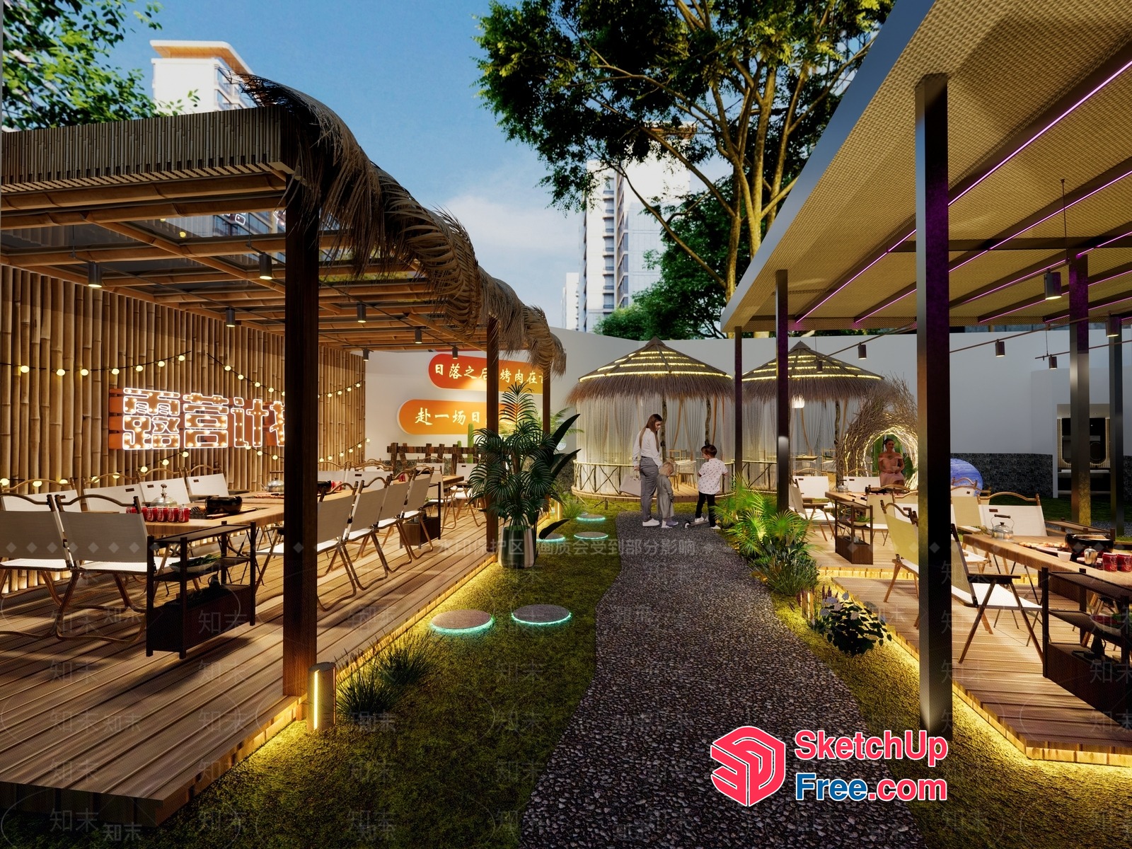 Outdoor Dining Area With Tiki Bar And Thatched Roof 3D SketchUp File