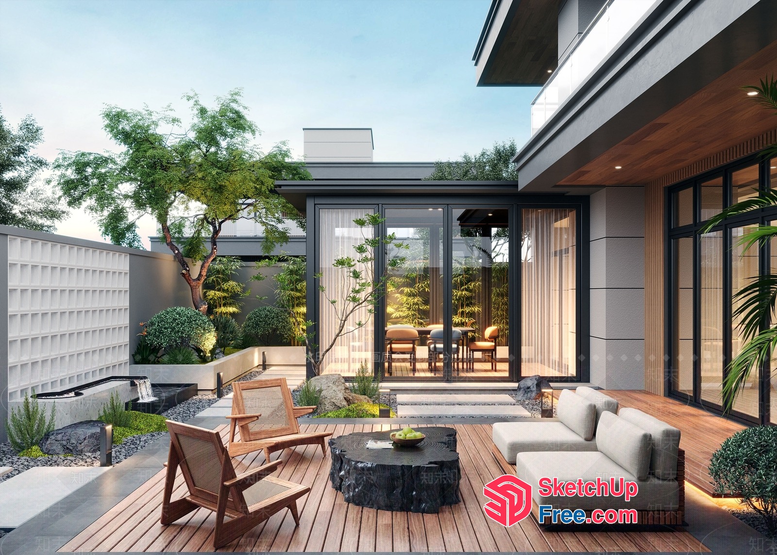 Modern Outdoor Patio With Sleek Furniture And Lush Greenery 3D SketchUp File