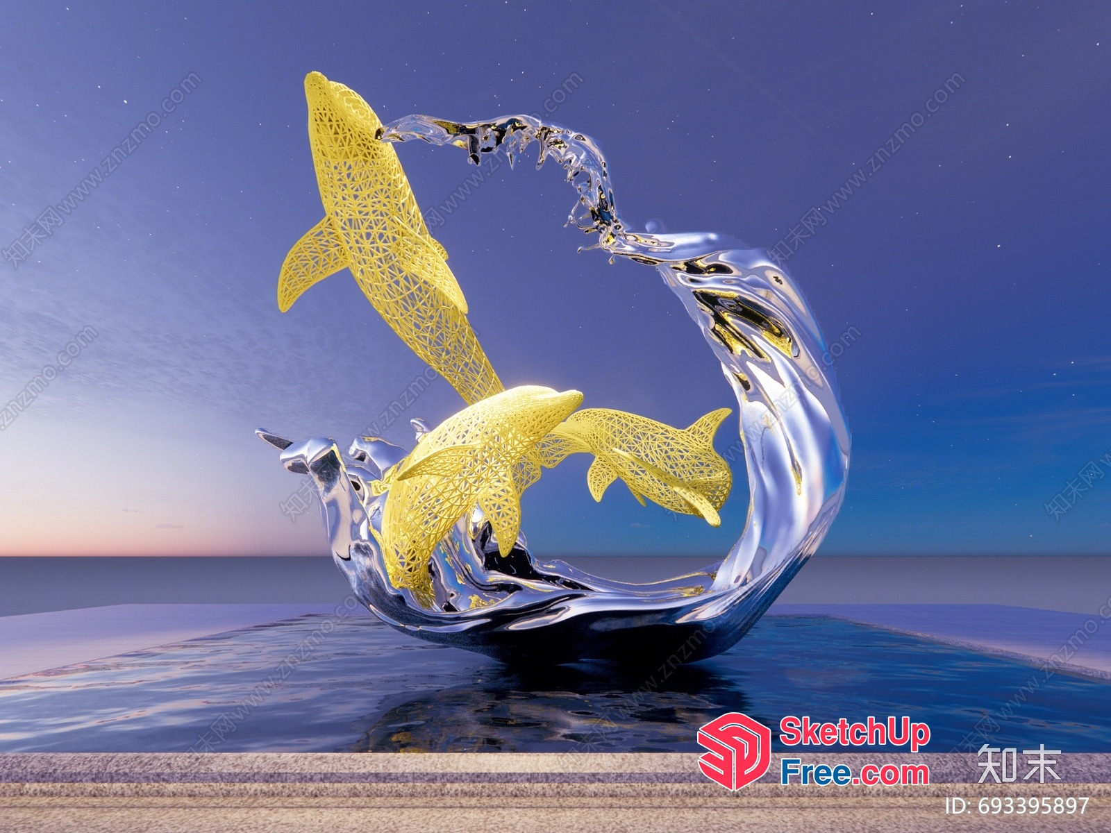 Three Dolphins Leaping Out Of Water 3D SketchUp File