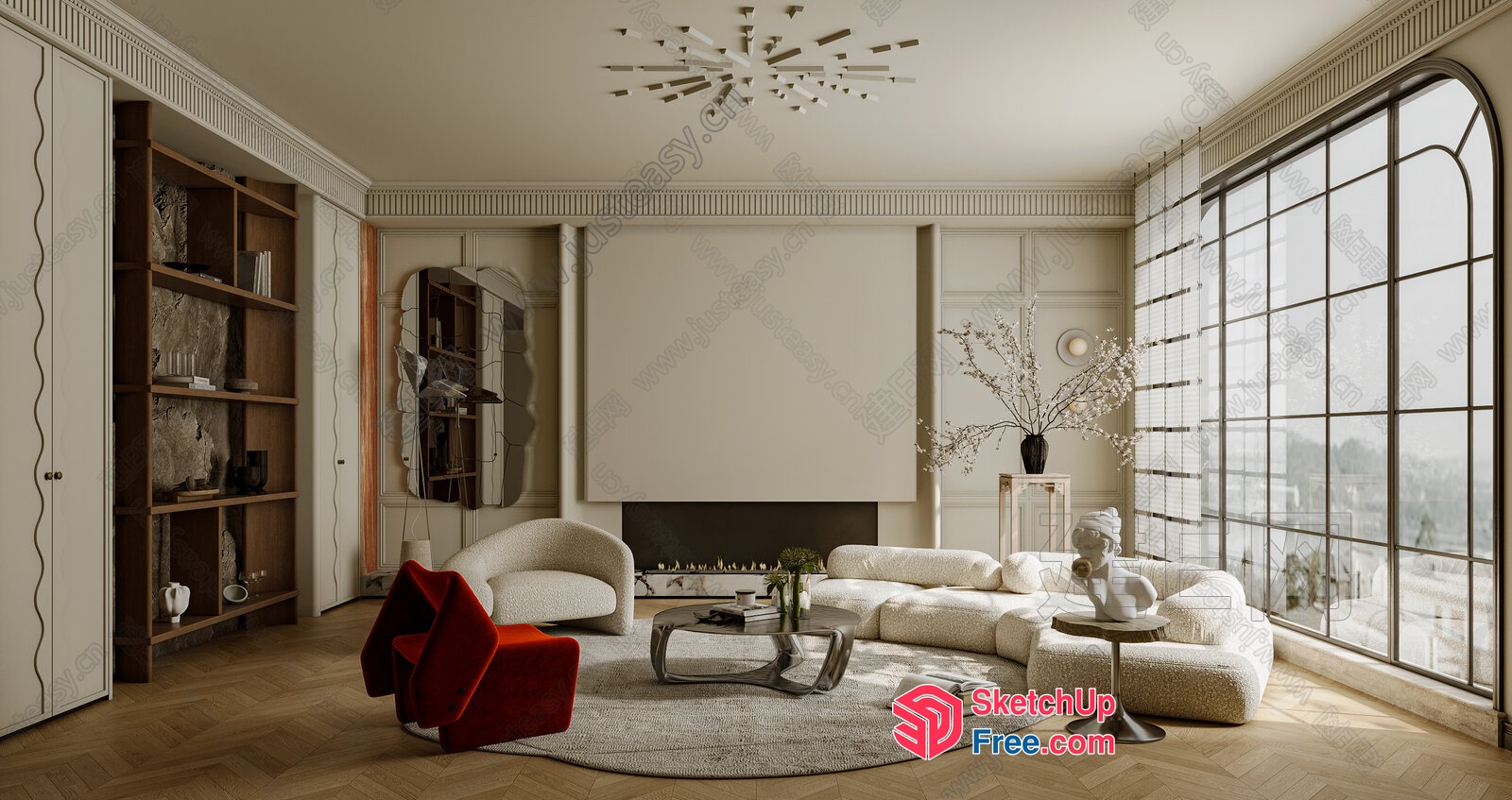 Elegant Modern Living Room With Fireplace And Large Windows 3D SketchUp File