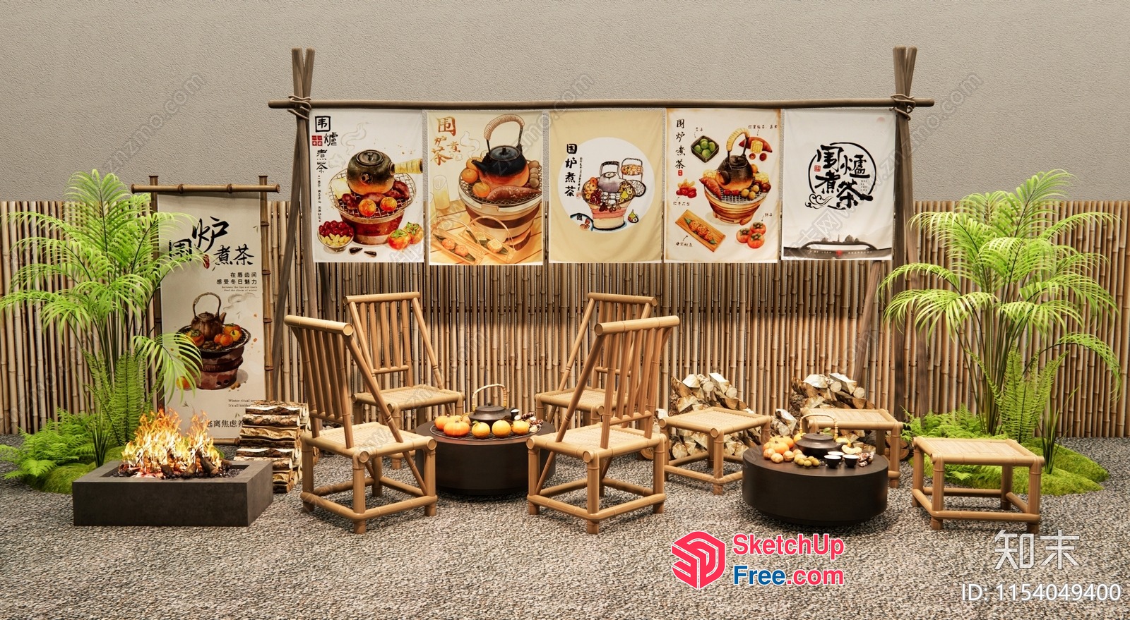 Traditional Japanese Outdoor Seating Area With Food And Drink 3D SketchUp File