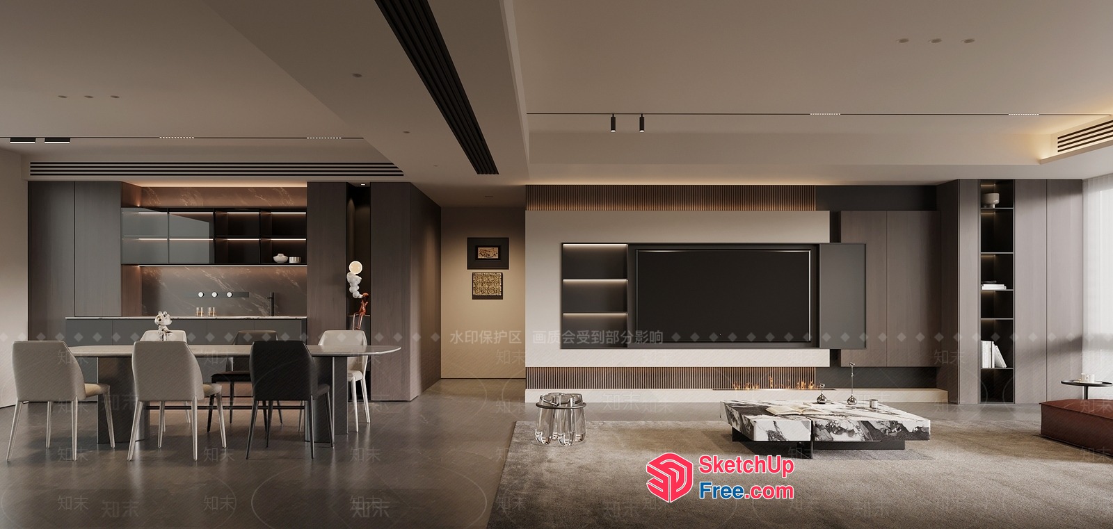 Modern Living Room With Dining Area And Kitchen 3D SketchUp File