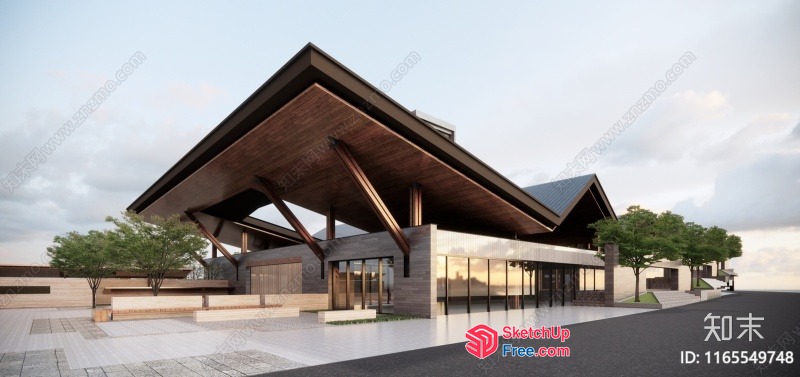 Modern Building With Large Roof And Glass Walls 3D SketchUp File