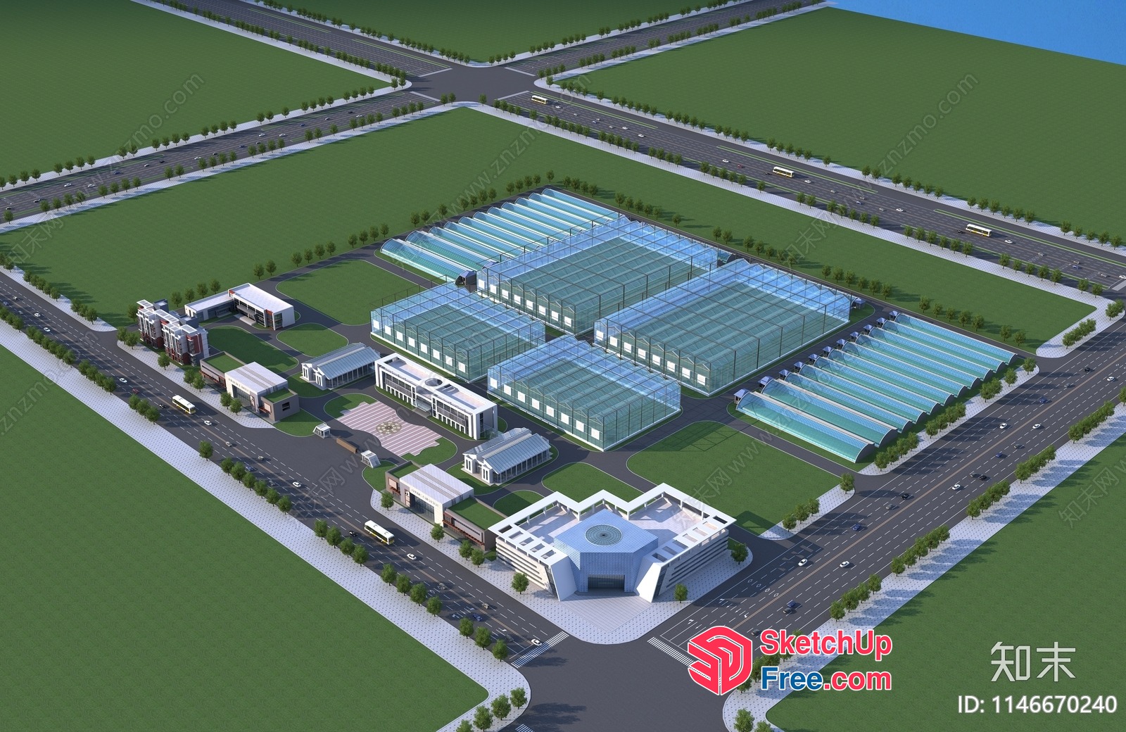 Industrial Park With Greenhouses And Buildings 3D SketchUp File