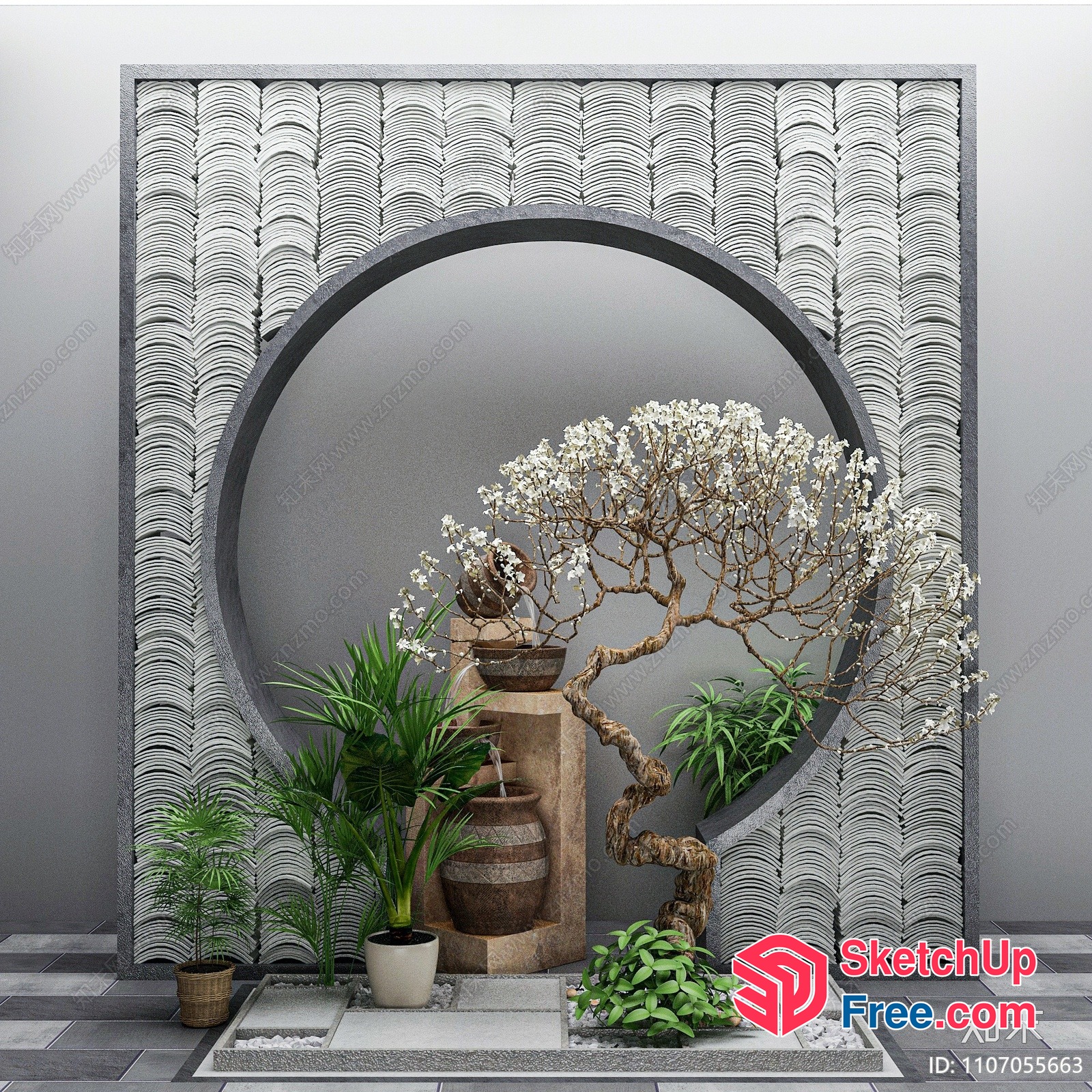 Japanese Style Garden With Water Fountain And Potted Plants 3D SketchUp File