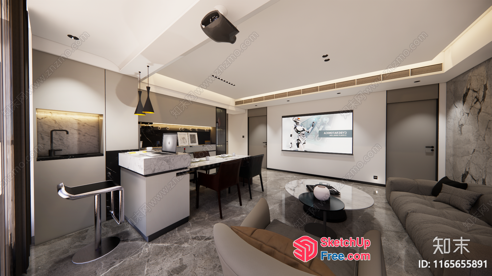 Modern Living Room With Tv And Dining Area 3D SketchUp File