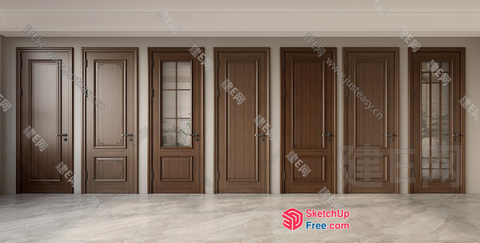 Doors In A Row With Glass Panels 3D SketchUp File