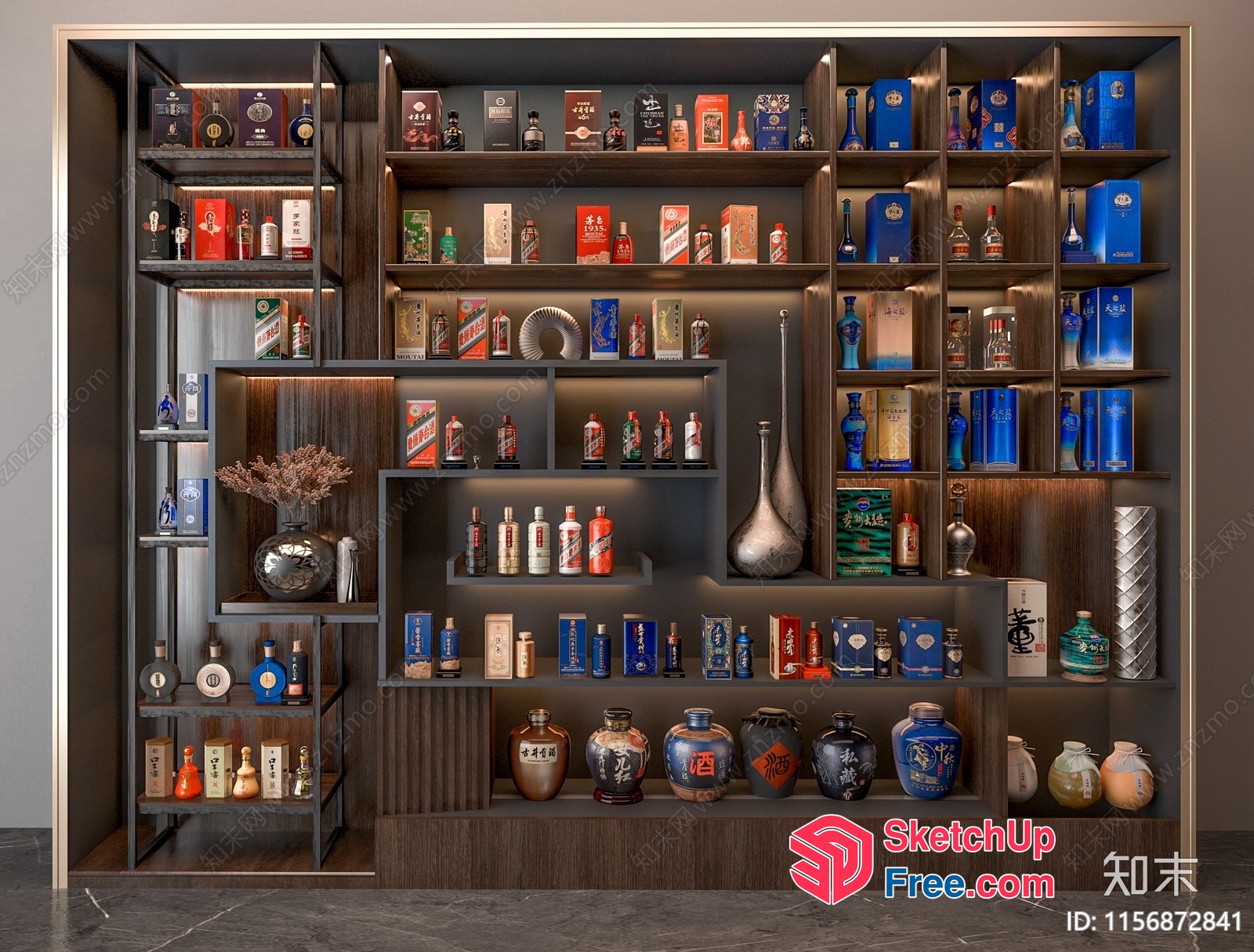 Shelf Of Various Decorative Items And Liquor Bottles 3D SketchUp File