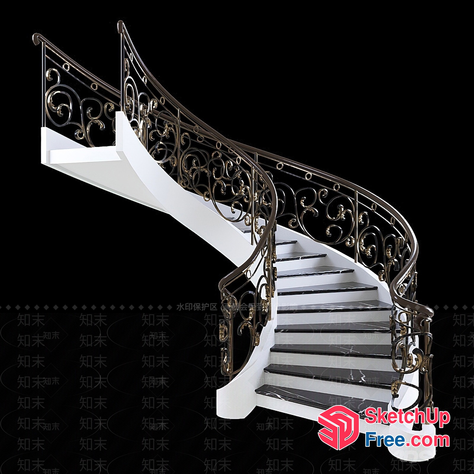 Elegant White And Black Marble Staircase With Ornate Metal Railings 3D SketchUp File