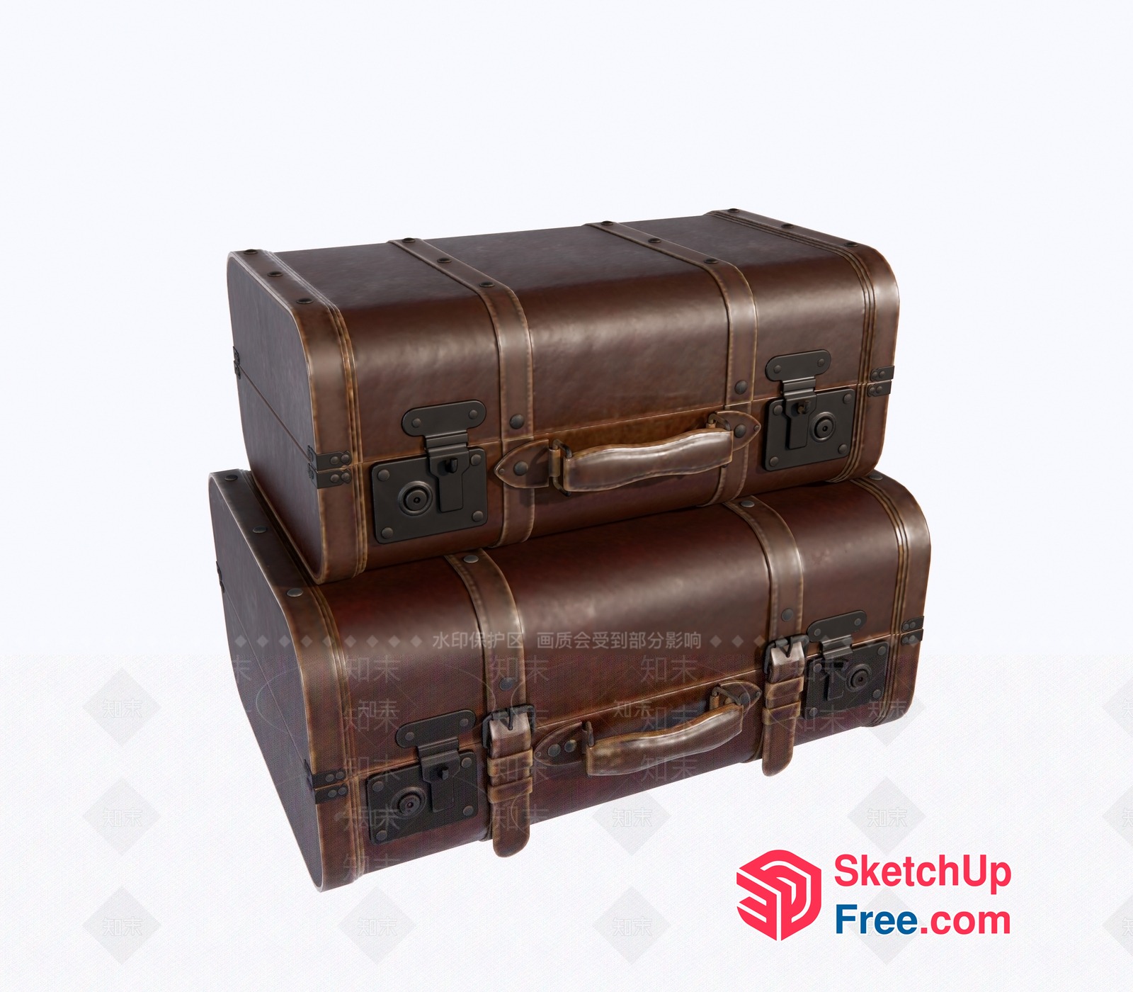 Two Brown Leather Suitcases Stacked 3D SketchUp File