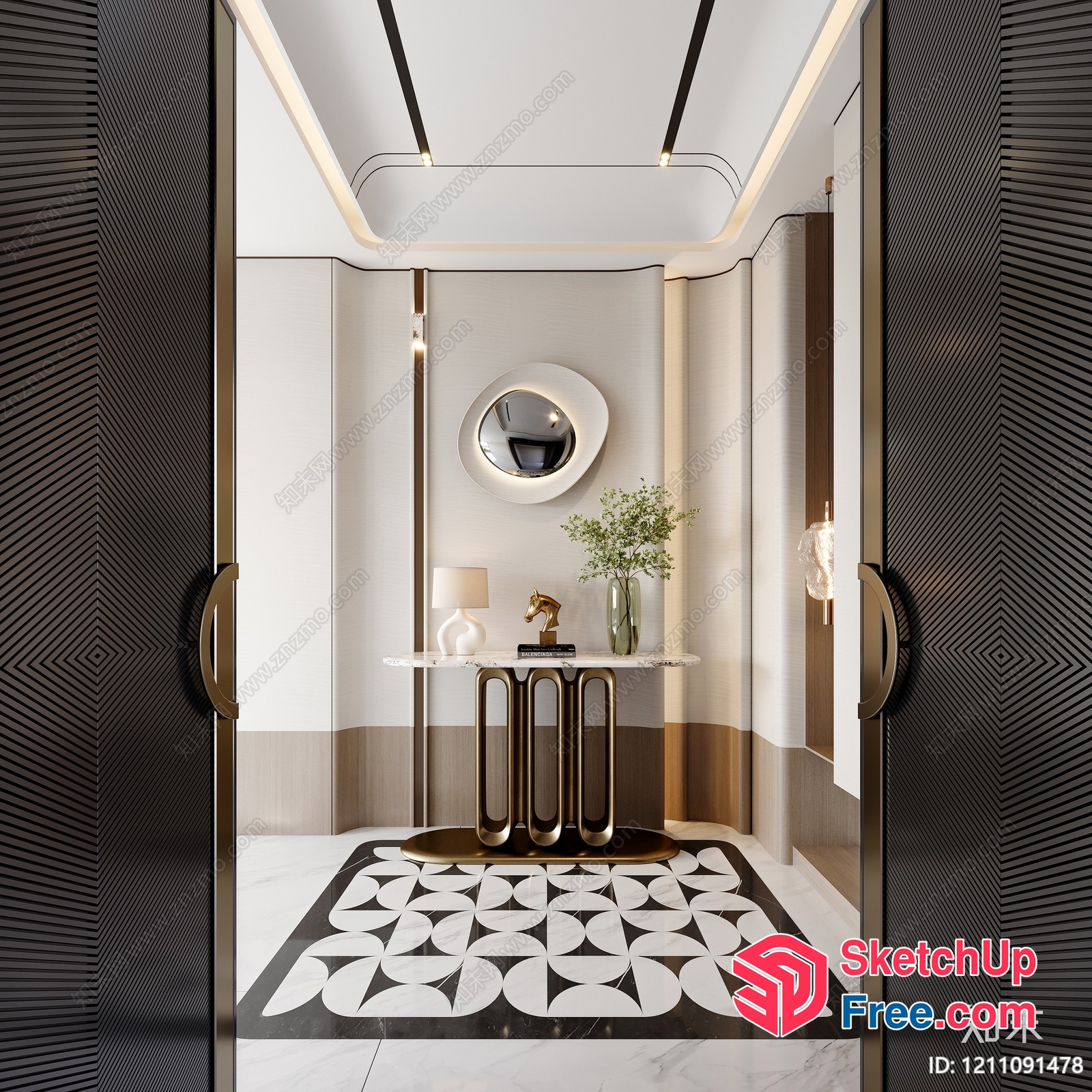 Modern Elevator Interior With Marble Flooring And Decorative Elements 3D SketchUp File