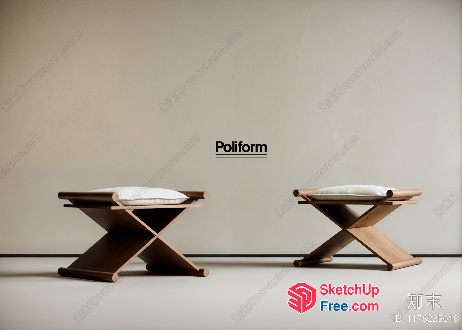 Two Wooden Stools With White Cushions 3D SketchUp File
