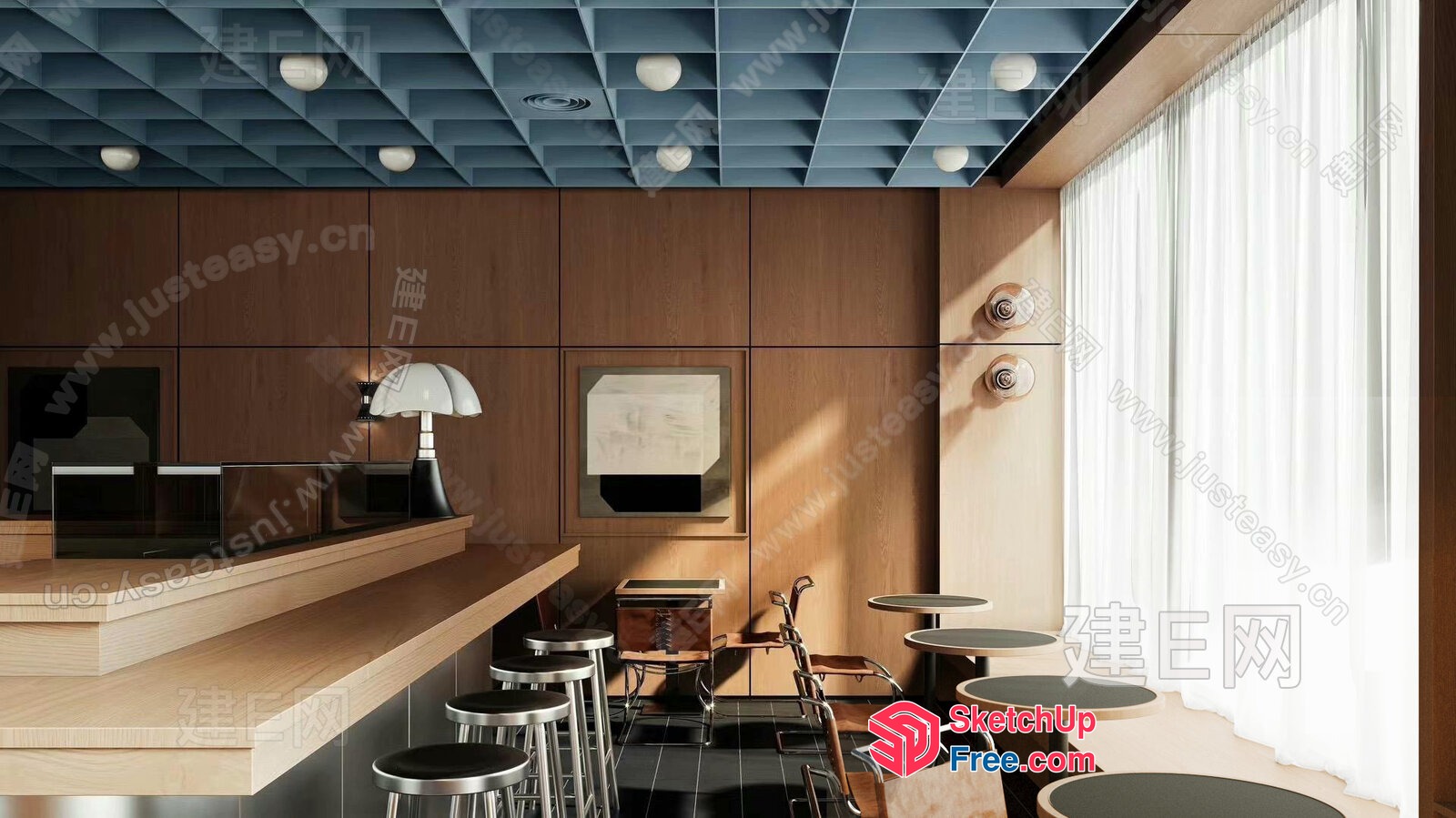 Modern Cafe Interior With Sleek Bar Stools And Natural Wood Accents 3D SketchUp File