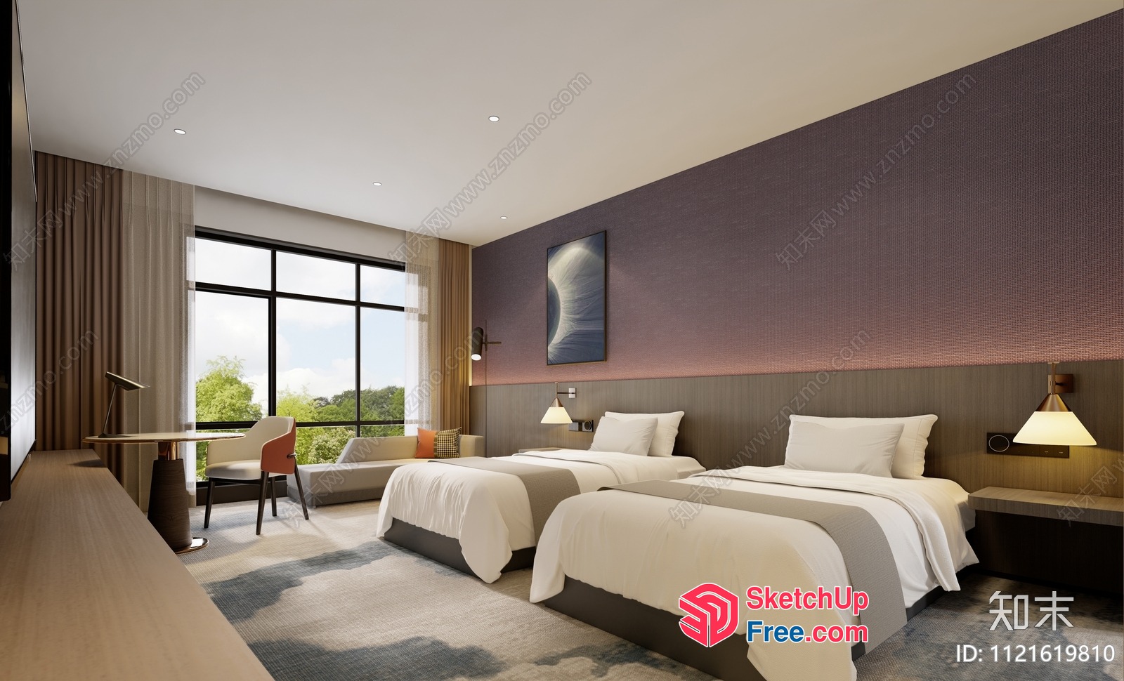 Modern Hotel Room With Two Beds And Large Window 3D SketchUp File