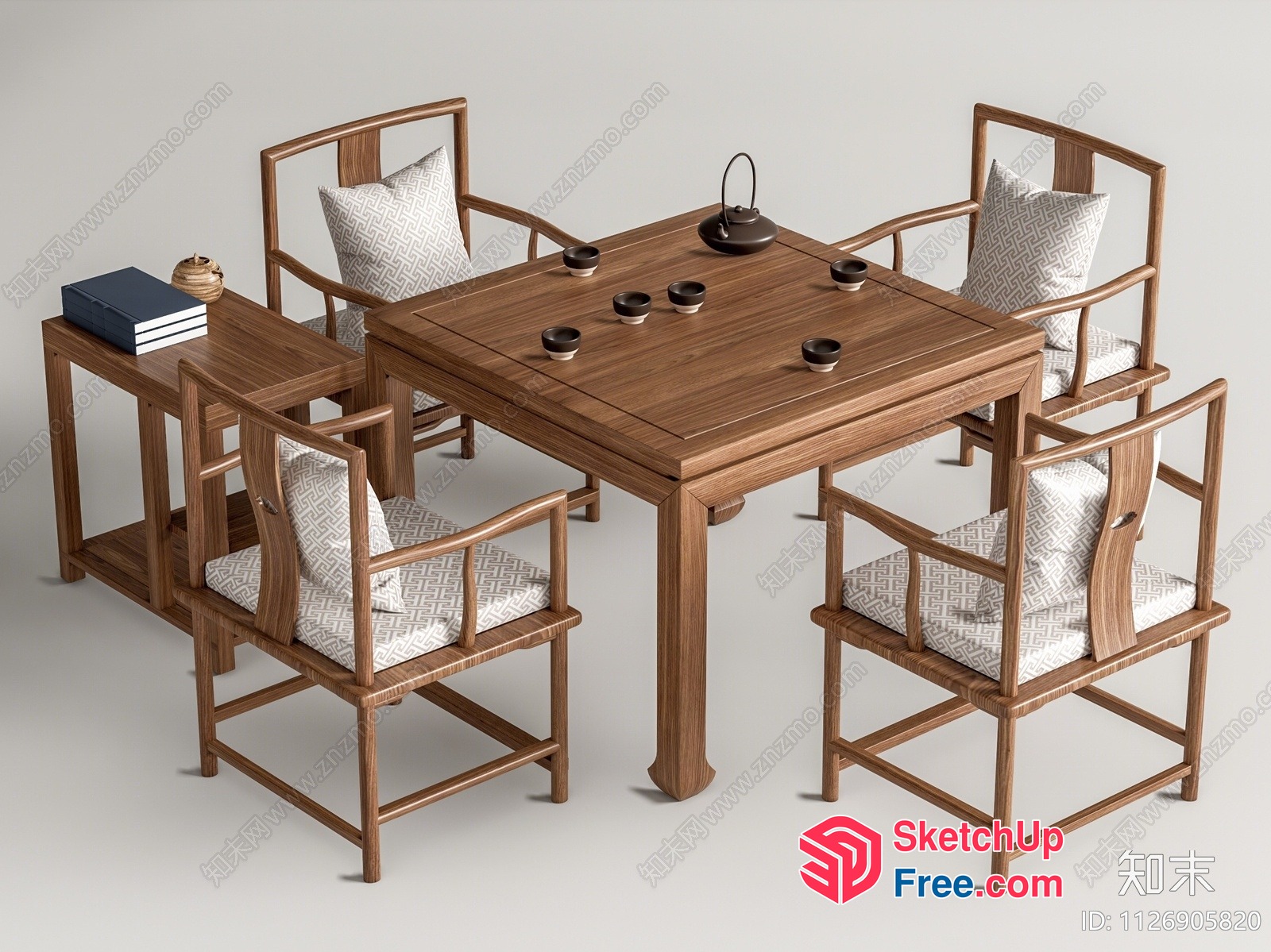 Asian-Inspired Wooden Table And Chairs Set 3D SketchUp File
