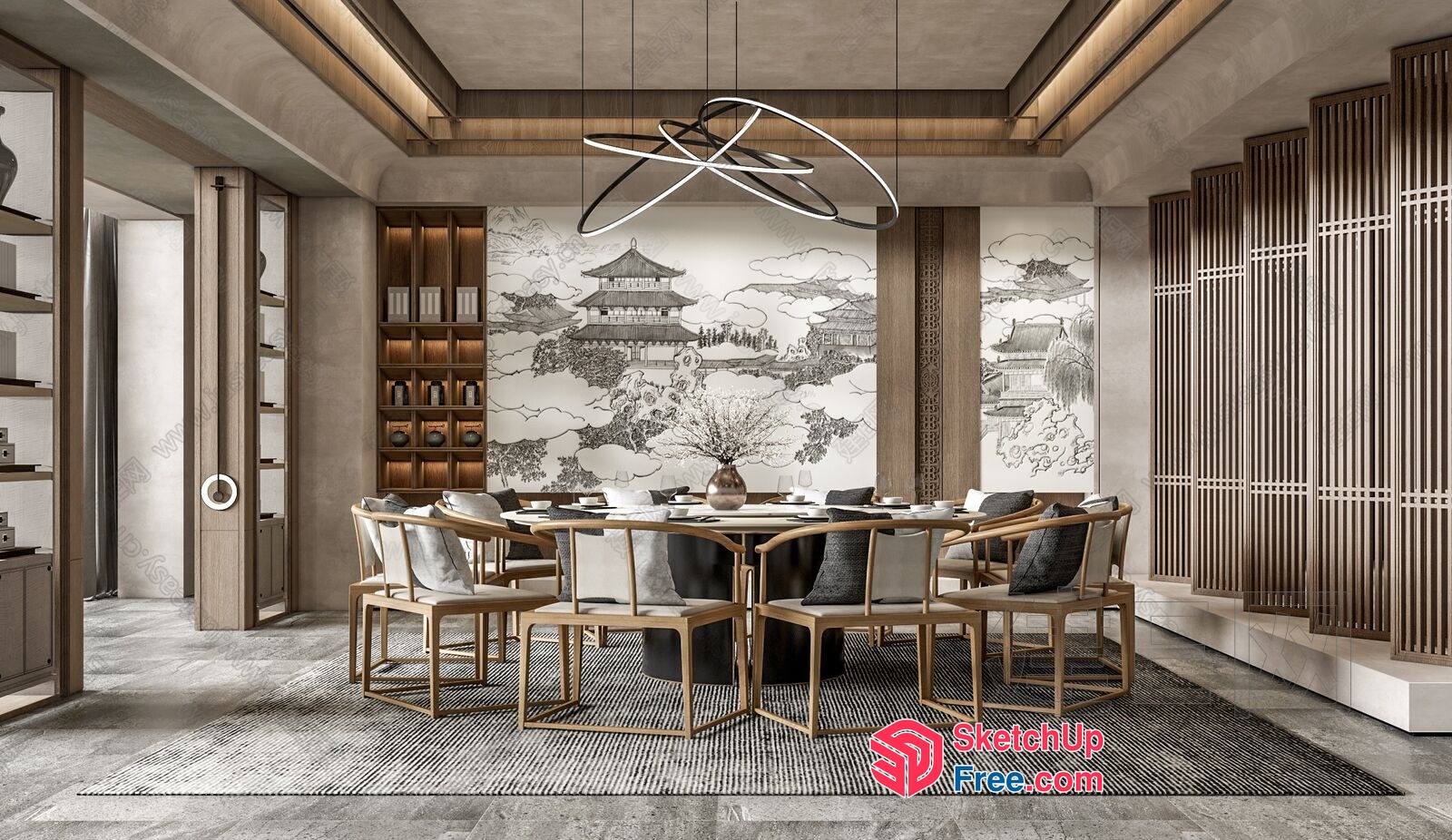Elegant Dining Room With Asian-Inspired Mural And Modern Lighting 3D SketchUp File