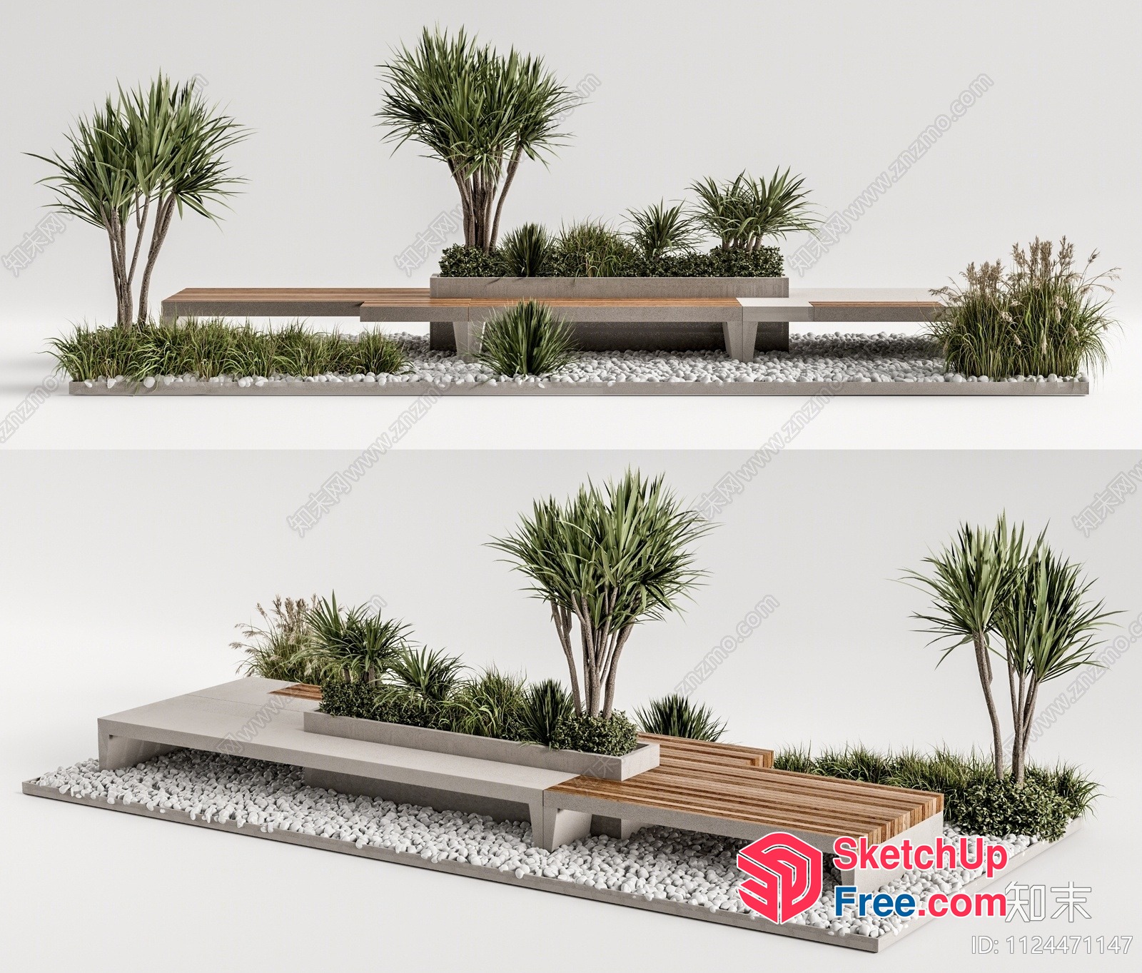 Modern Outdoor Seating Area With Plants And Bench 3D SketchUp File