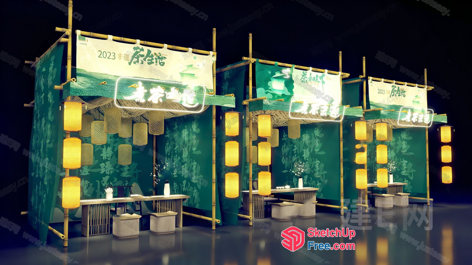 Asian-Style Dining Area With Lanterns And Green Decor 3D SketchUp File