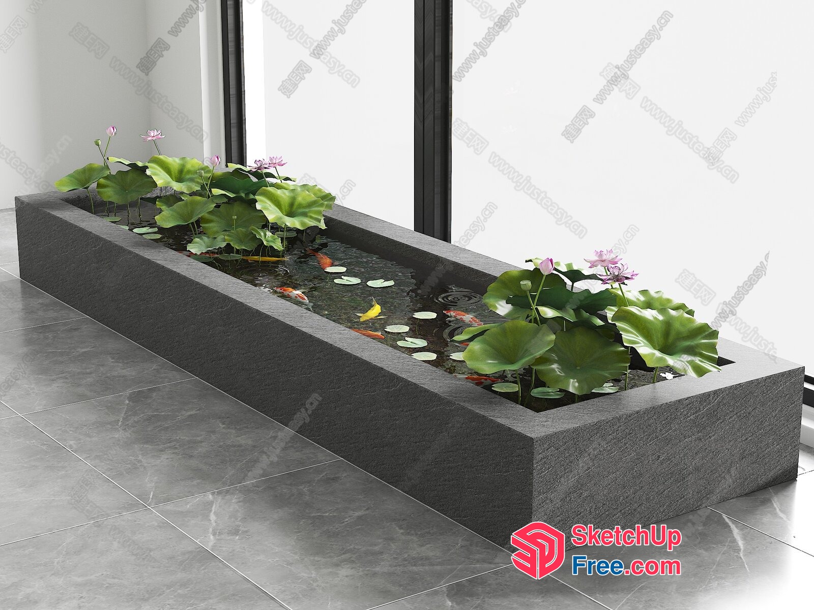 Serene Water Feature With Koi Fish And Lush Greenery 3D SketchUp File
