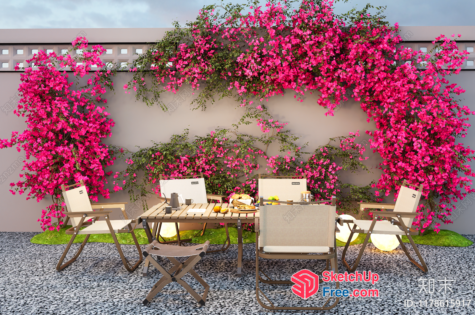 Elegant Outdoor Seating Area With Bougainvillea Decor 3D SketchUp File