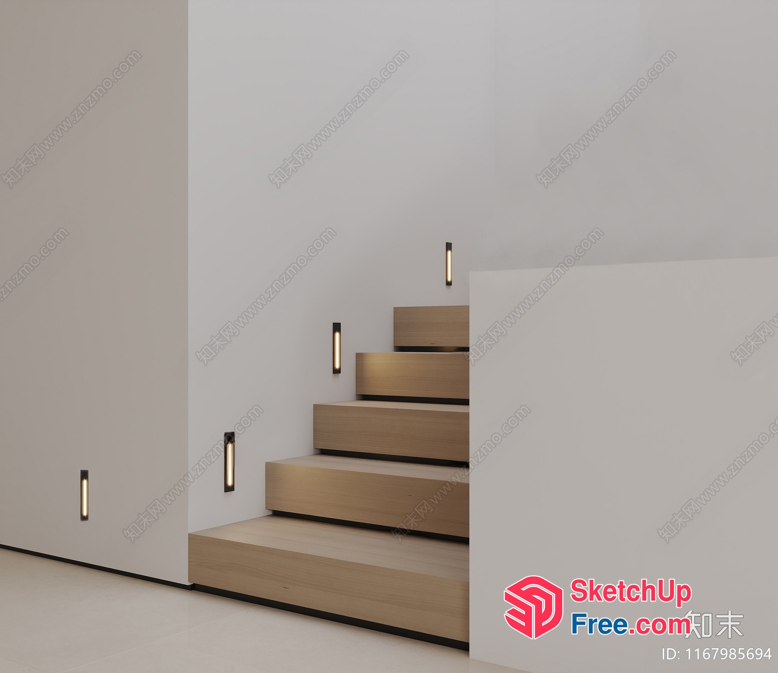 Minimalist Staircase With Wooden Steps And Wall Sconces 3D SketchUp File