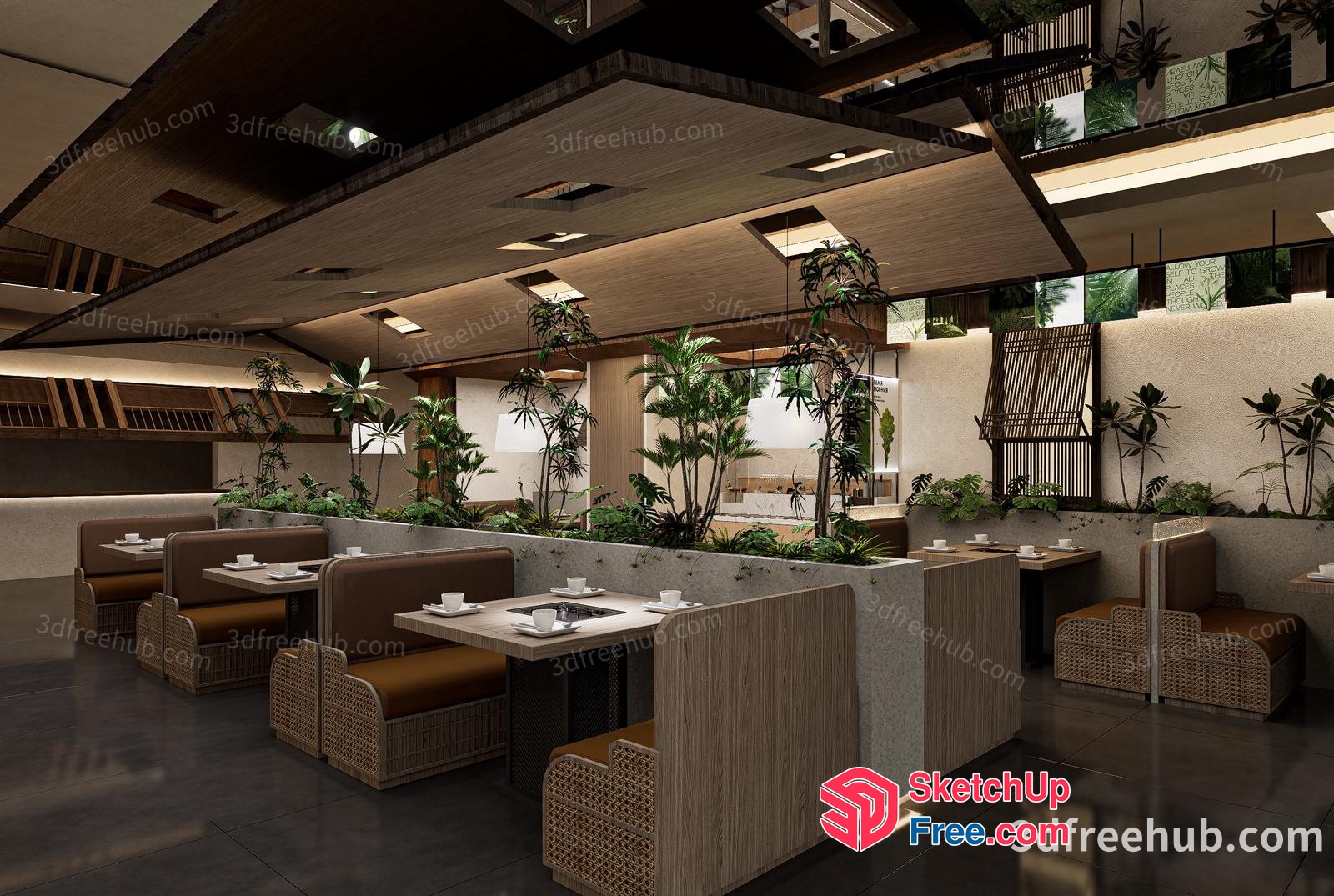 Modern Restaurant Interior With Plants And Rattan Furniture 3D SketchUp File